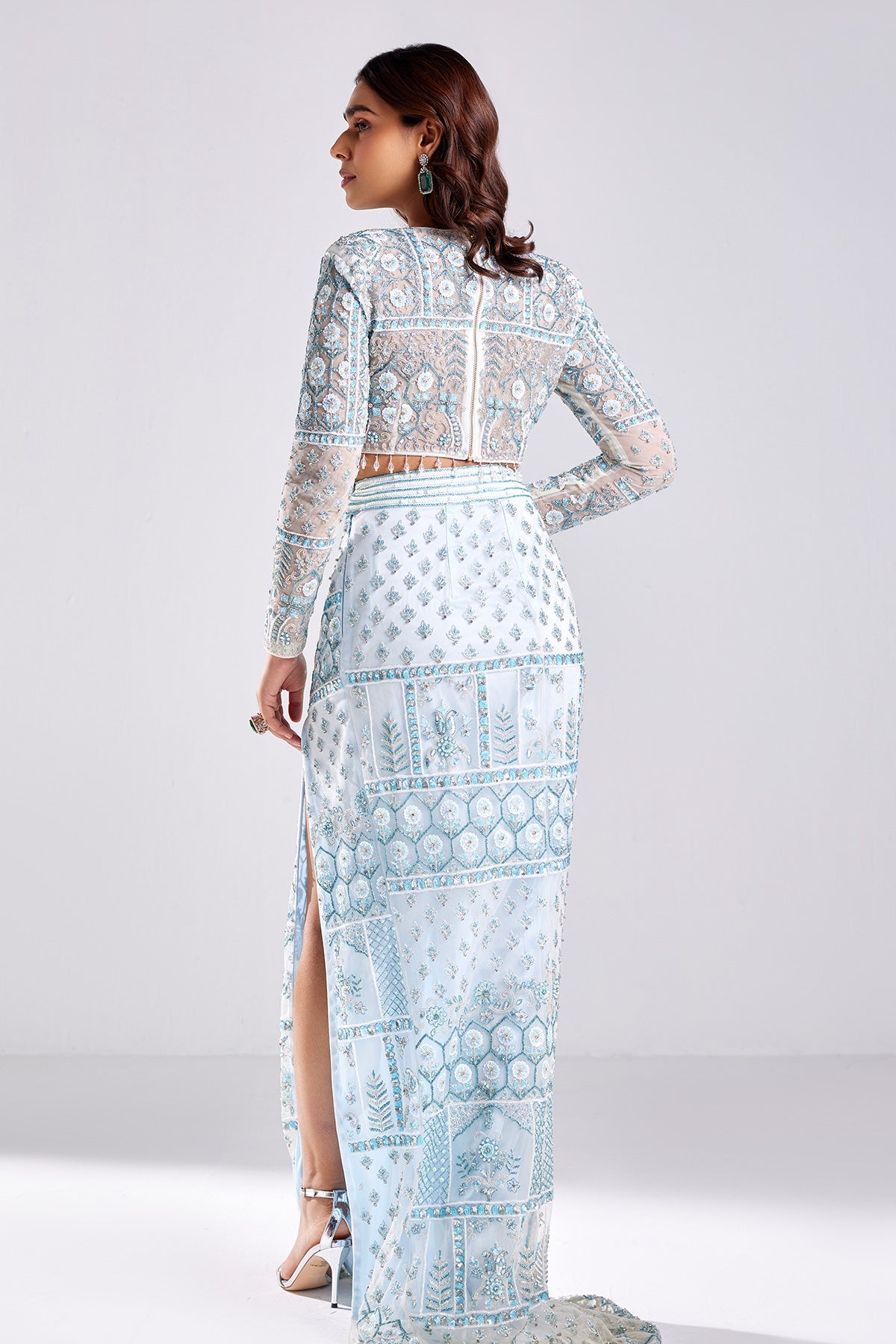 Powder Blue Embroidered Crop Top And Skirt Set