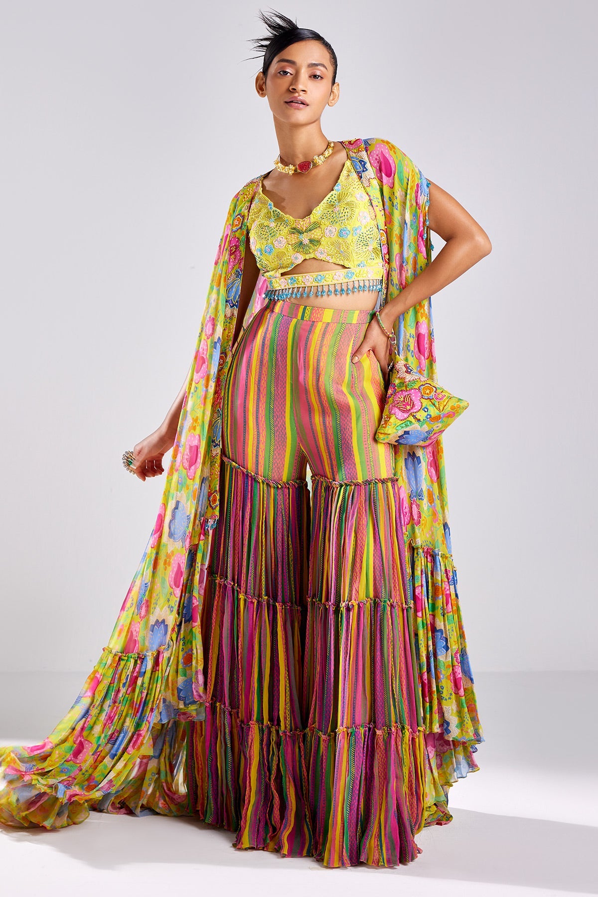 Yellow Print & Embroidered Cape Set