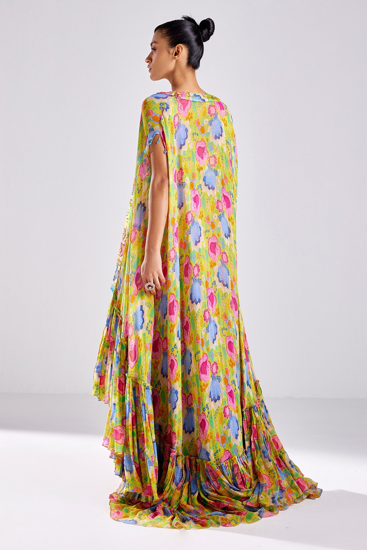 Yellow Print & Embroidered Cape Set