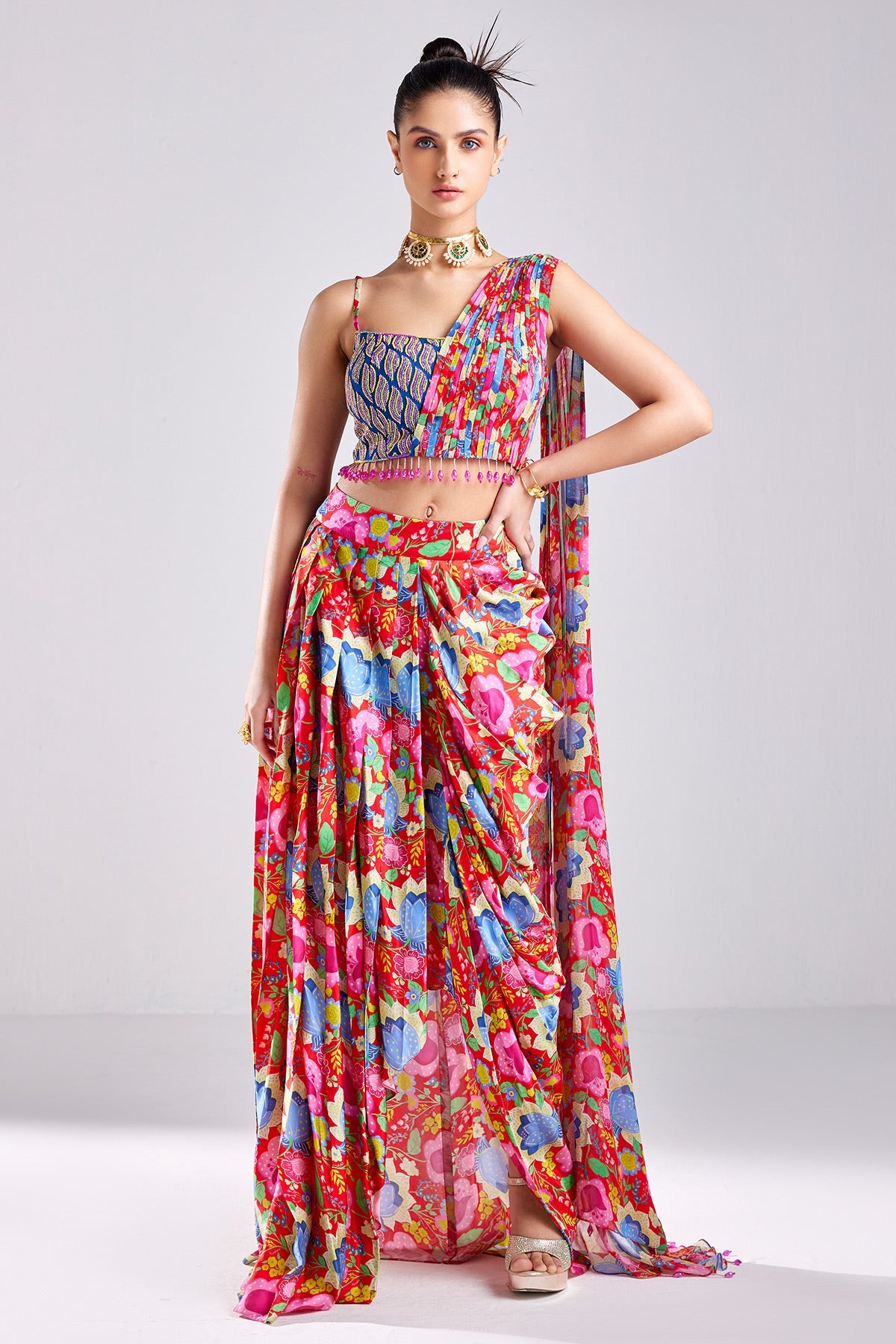 Red Print & Embroidered Asymetrical Crop Top Skirt Set