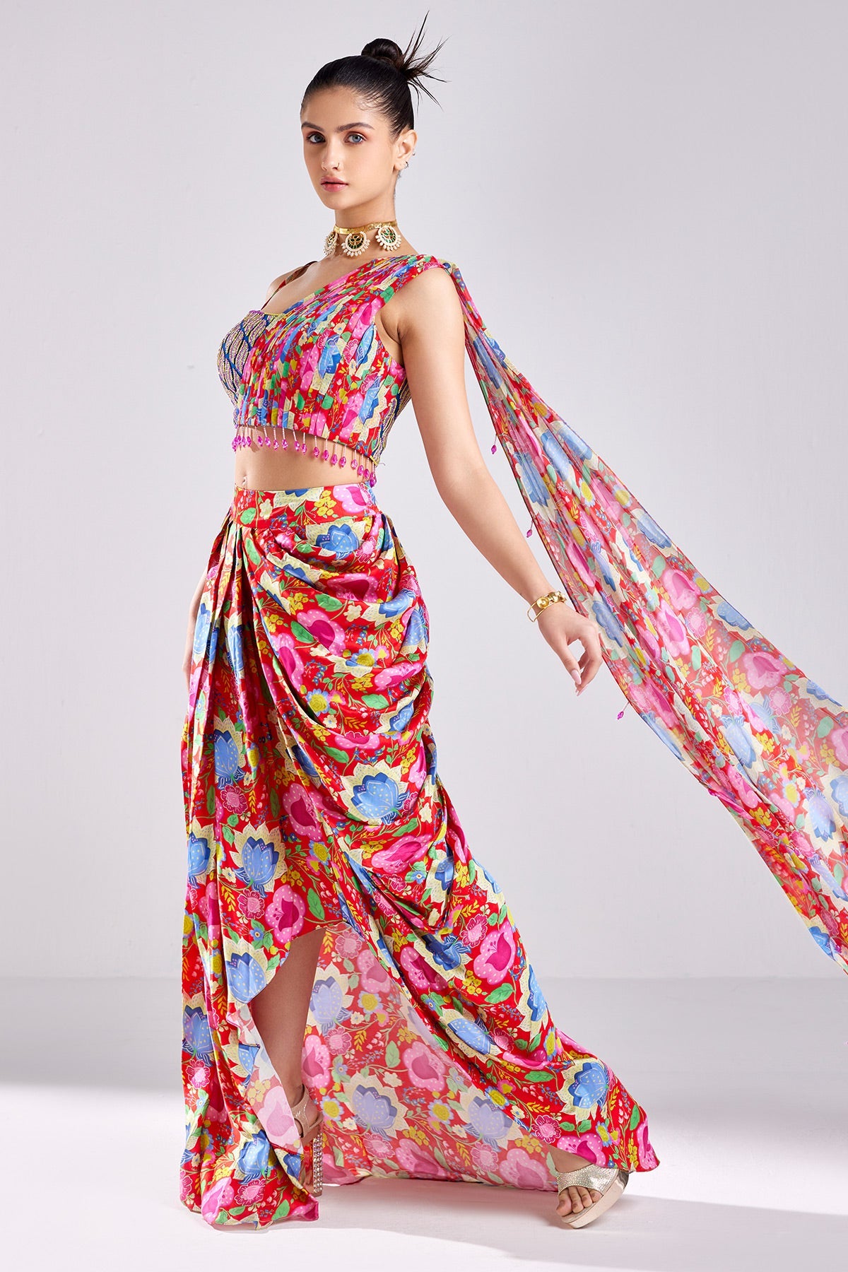 Red Print & Embroidered Asymetrical Crop Top Skirt Set