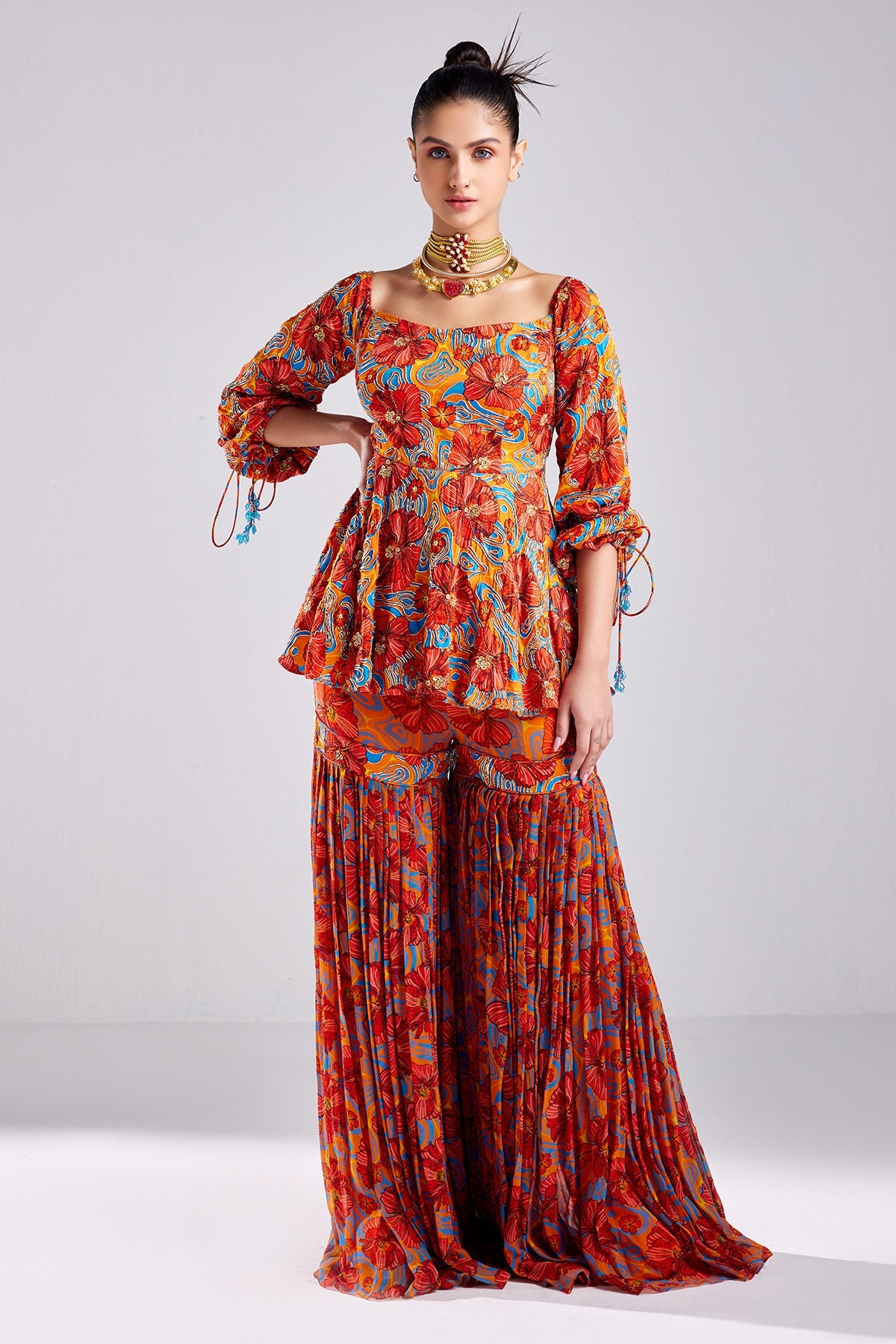 Rust Print & Embroidered Peplum Set