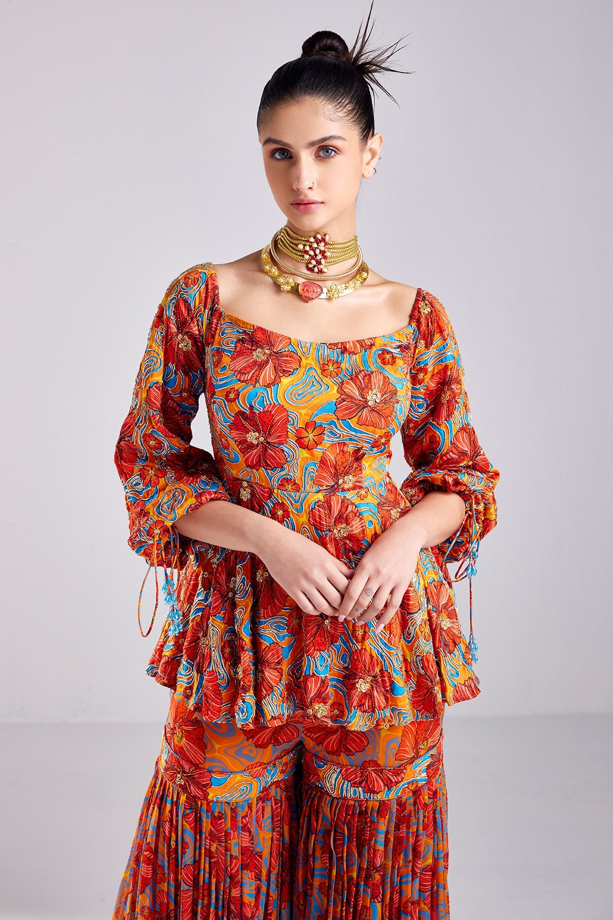 Rust Print & Embroidered Peplum Set