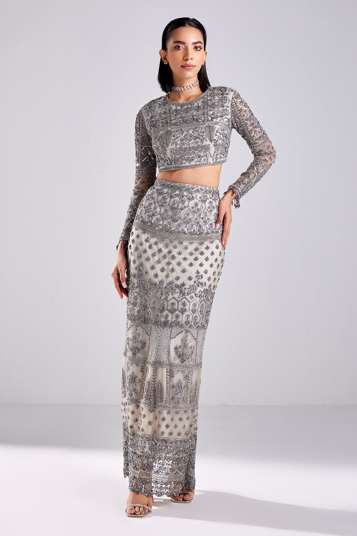 Grey Embroidered Crop Top-Skirt Set