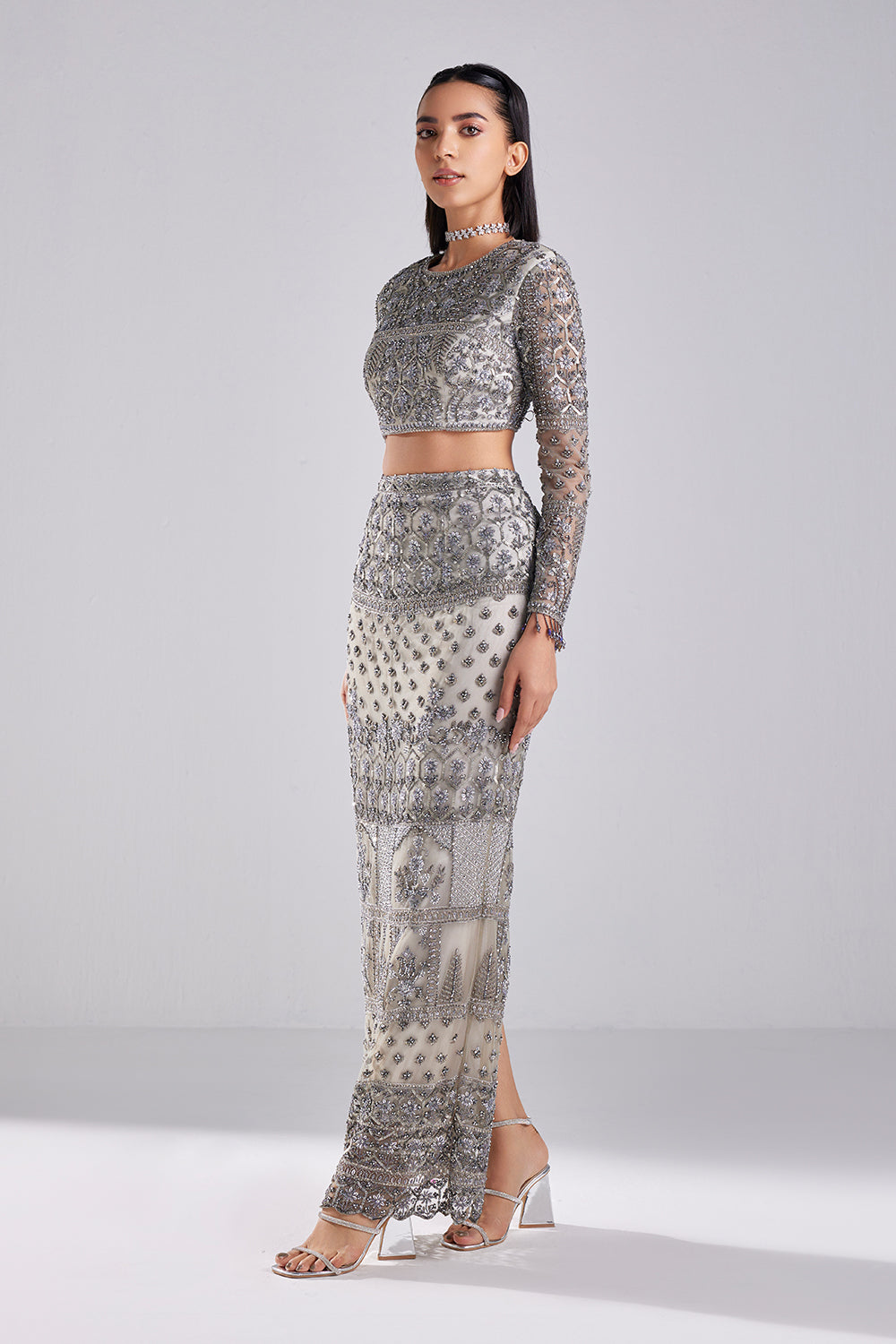 Grey Embroidered Crop Top-Skirt Set