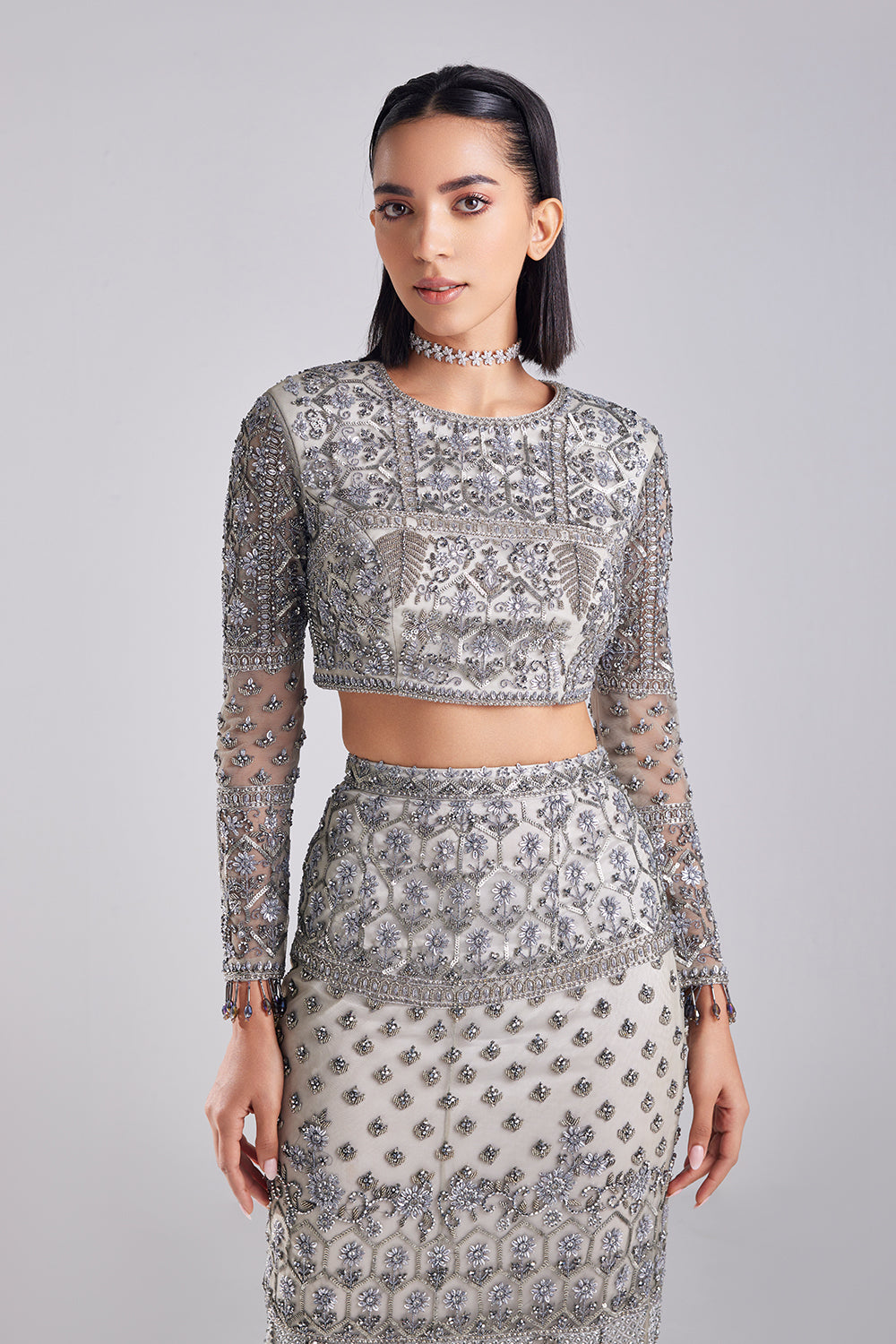 Grey Embroidered Crop Top-Skirt Set