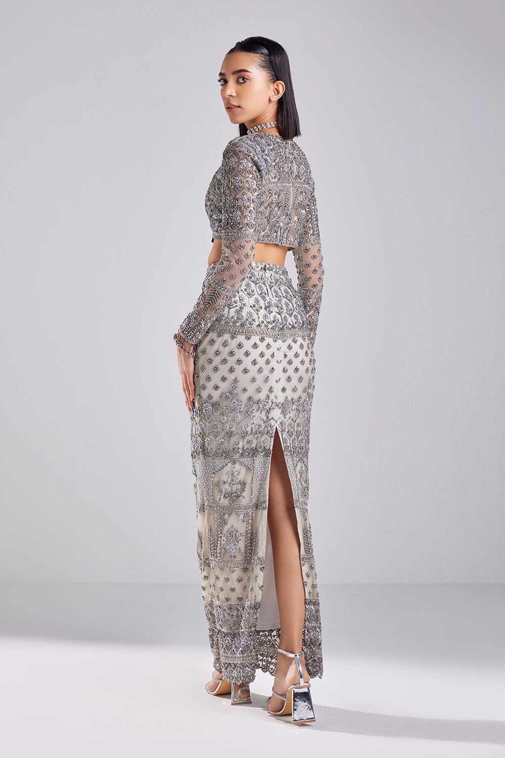 Grey Embroidered Crop Top-Skirt Set