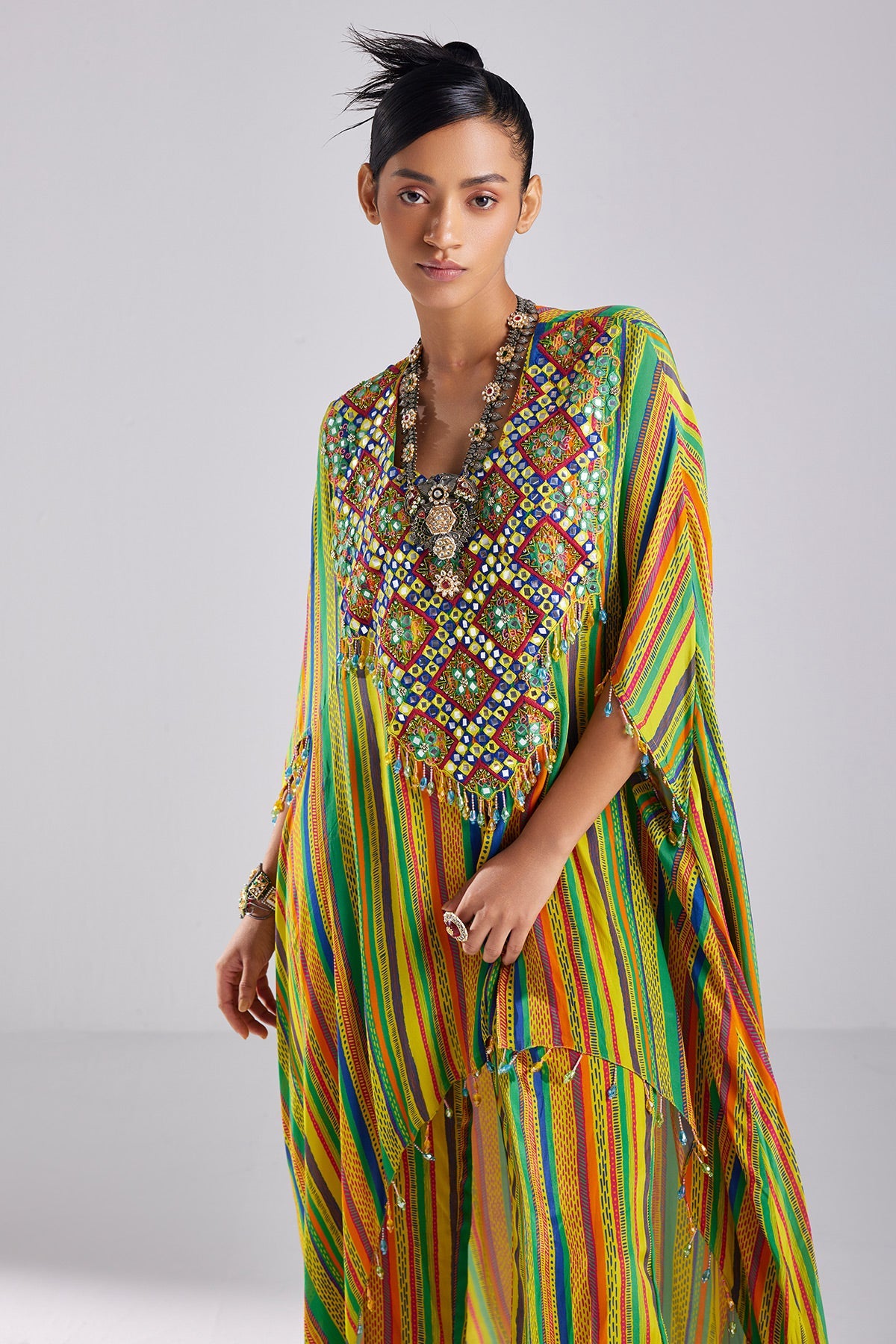 Yellow Print & Embroidered Kaftan Set