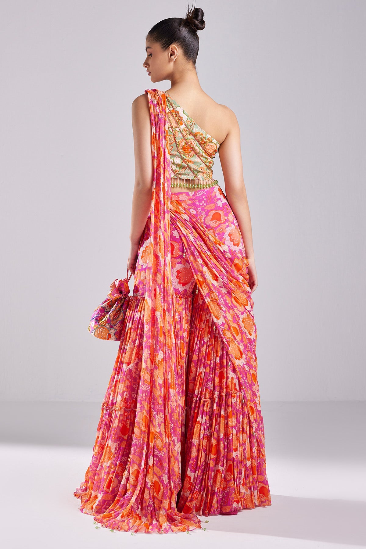 Fuschia Print & Embroidered Saree Set