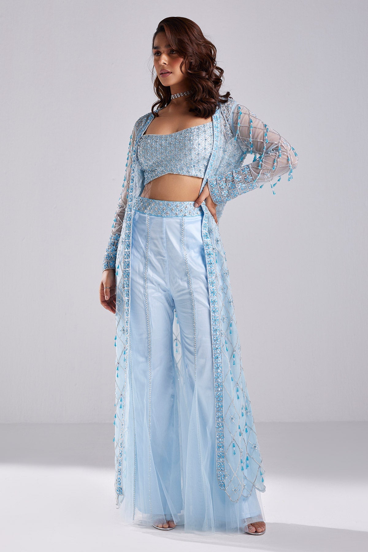 Powder Blue Embroidered Jacket Set