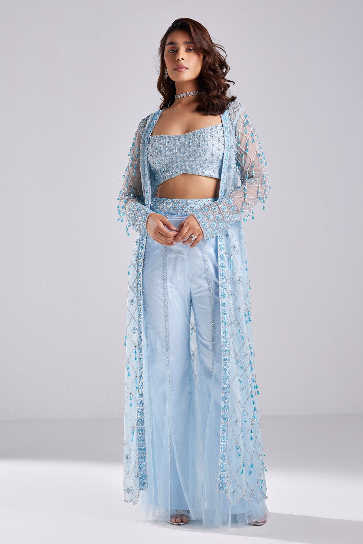 Powder Blue Embroidered Jacket Set