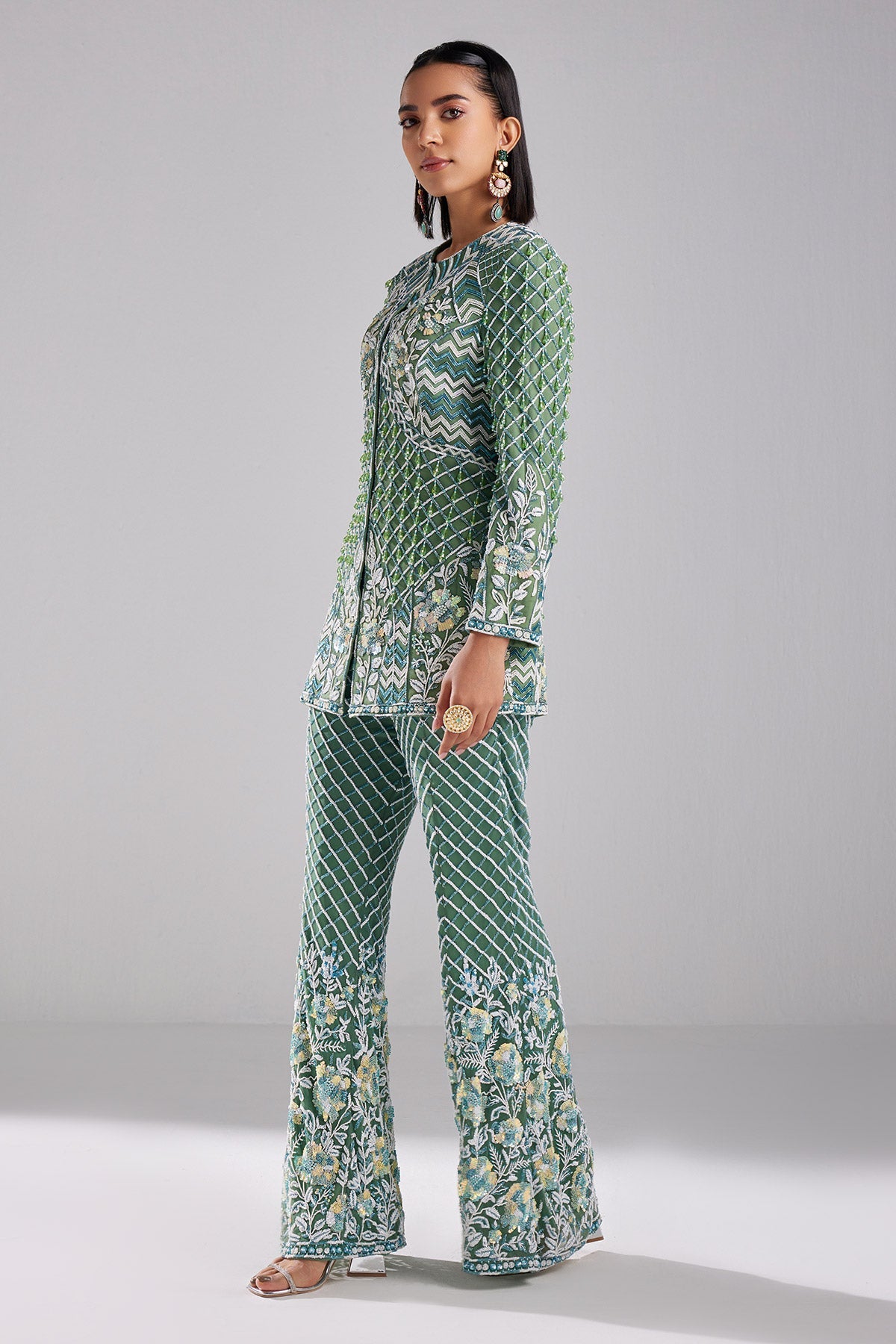 Sage Green Embroidered Blazer Set