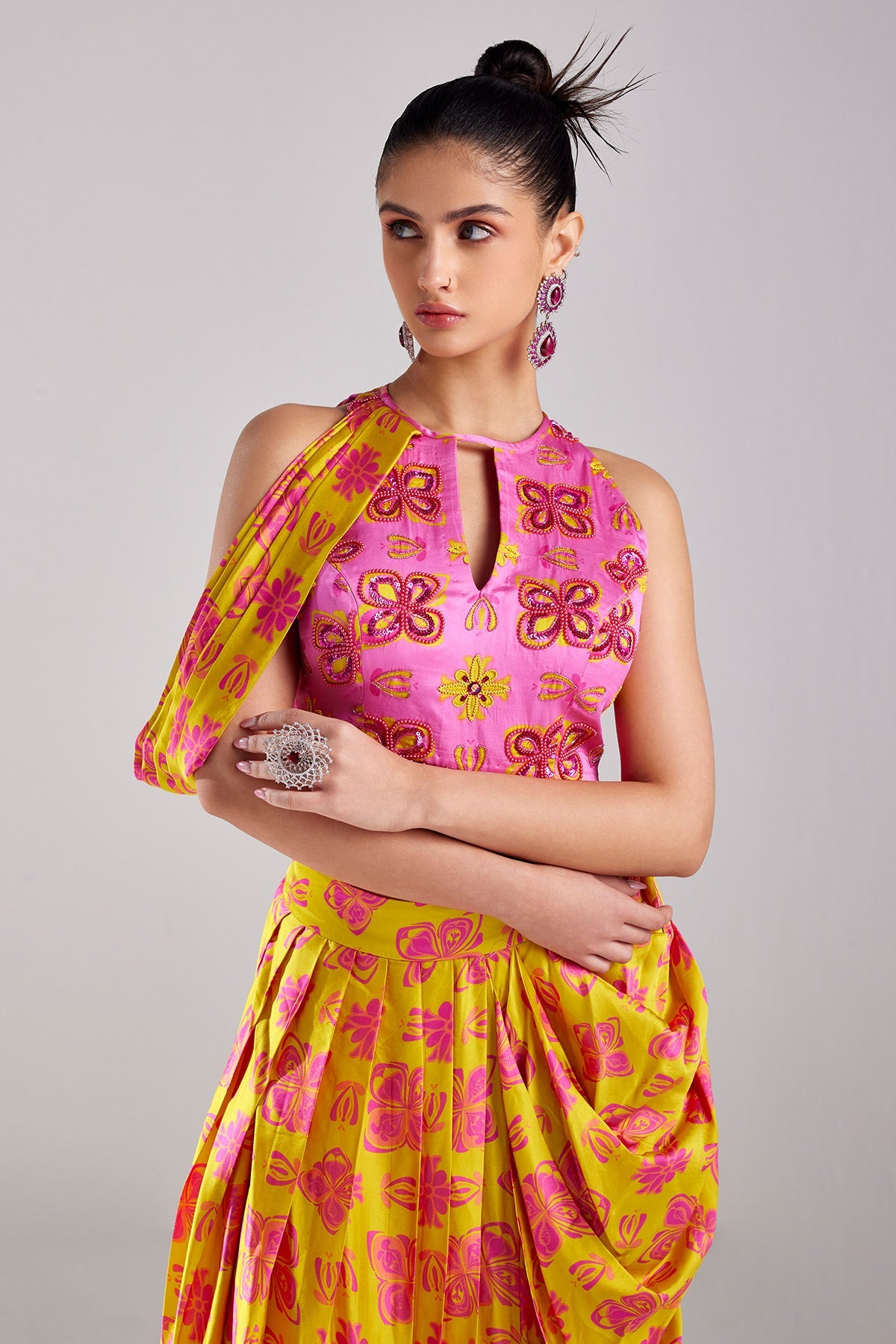 Fuschia Pink Print & Embroidered Crop Top Skirt Set