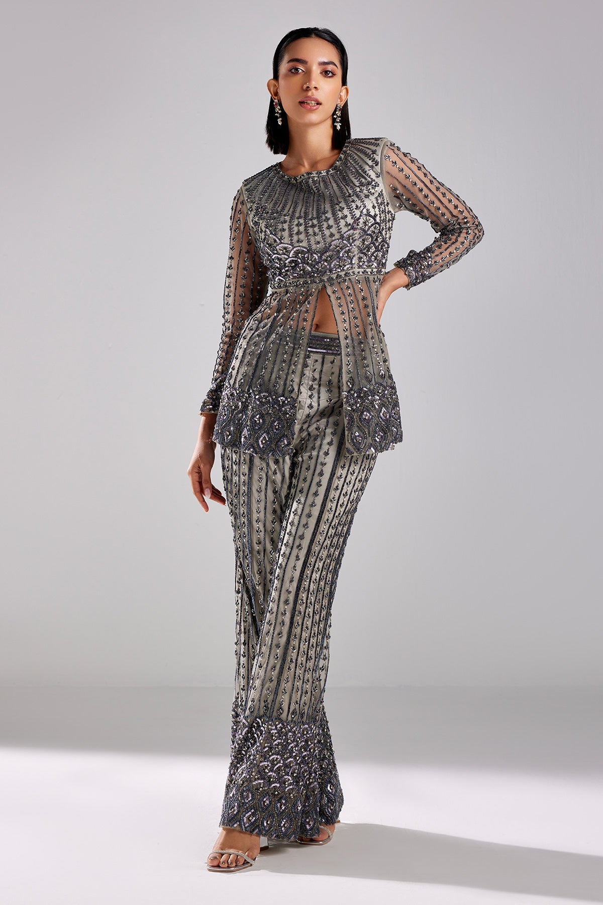 Grey Embroidered Peplum Set