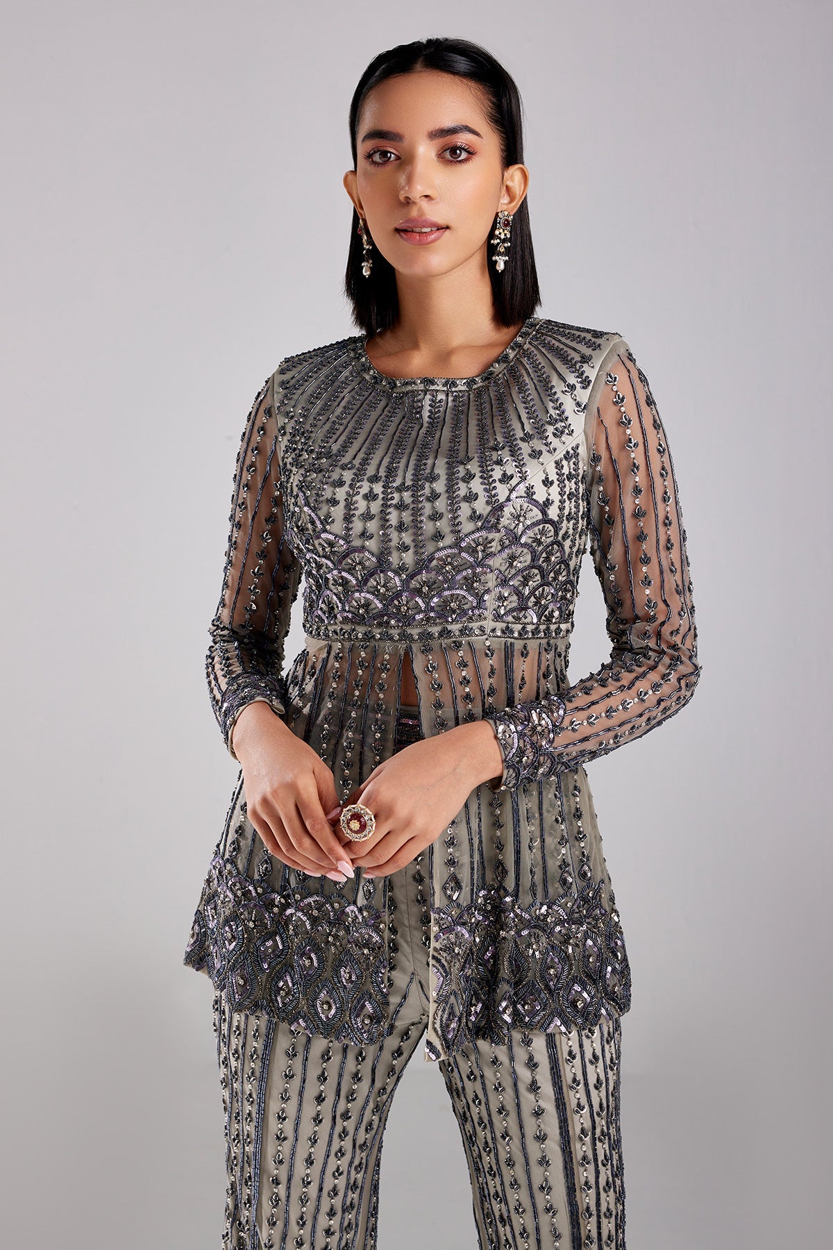 Grey Embroidered Peplum Set