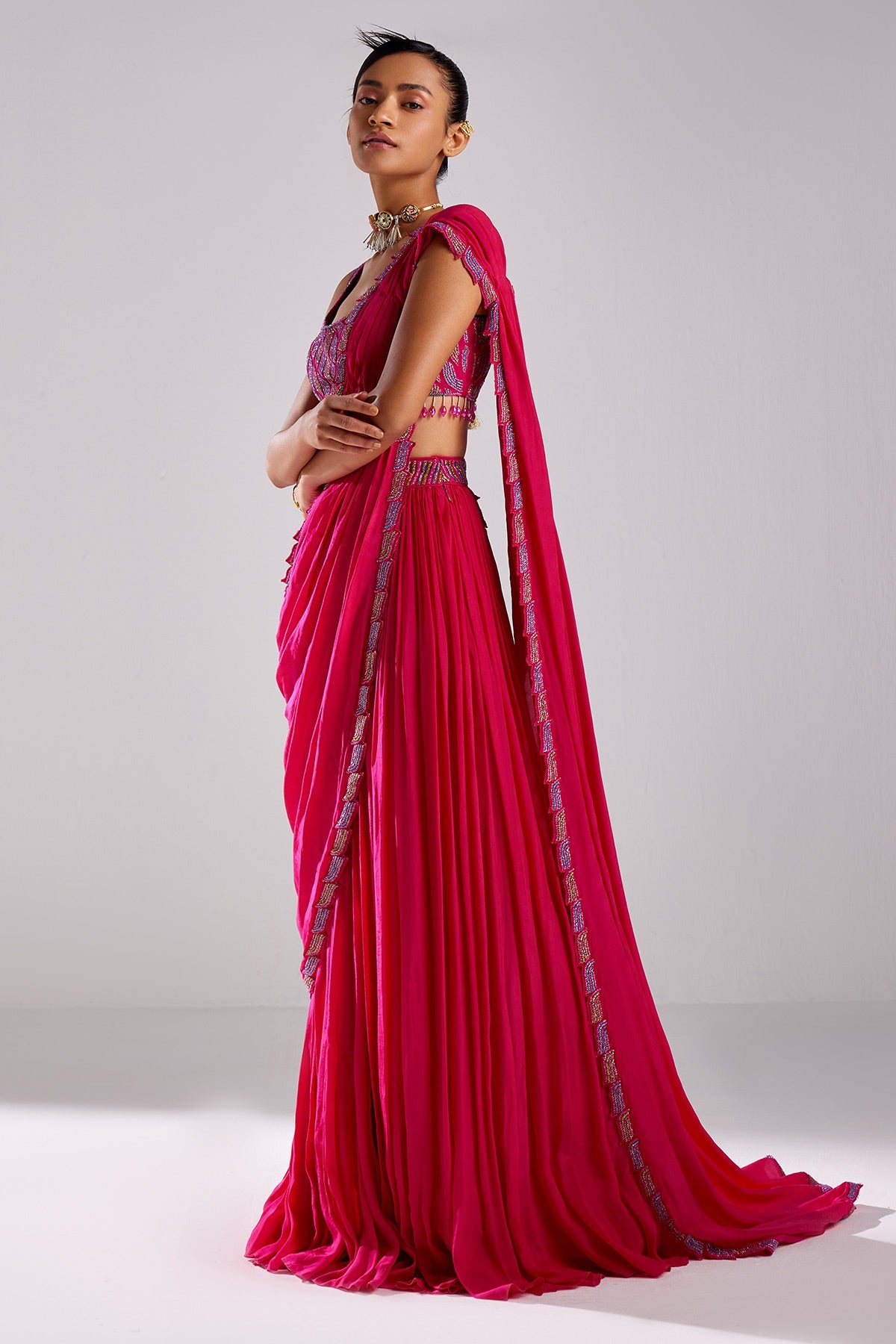 Fuschia Pink Embroidered Saree Set