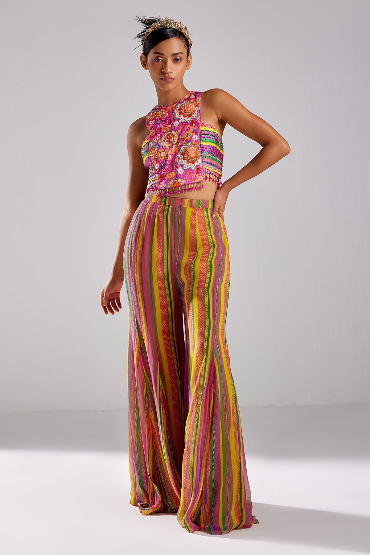 Fuschia Pink Print & Embroidered Crop Top Set