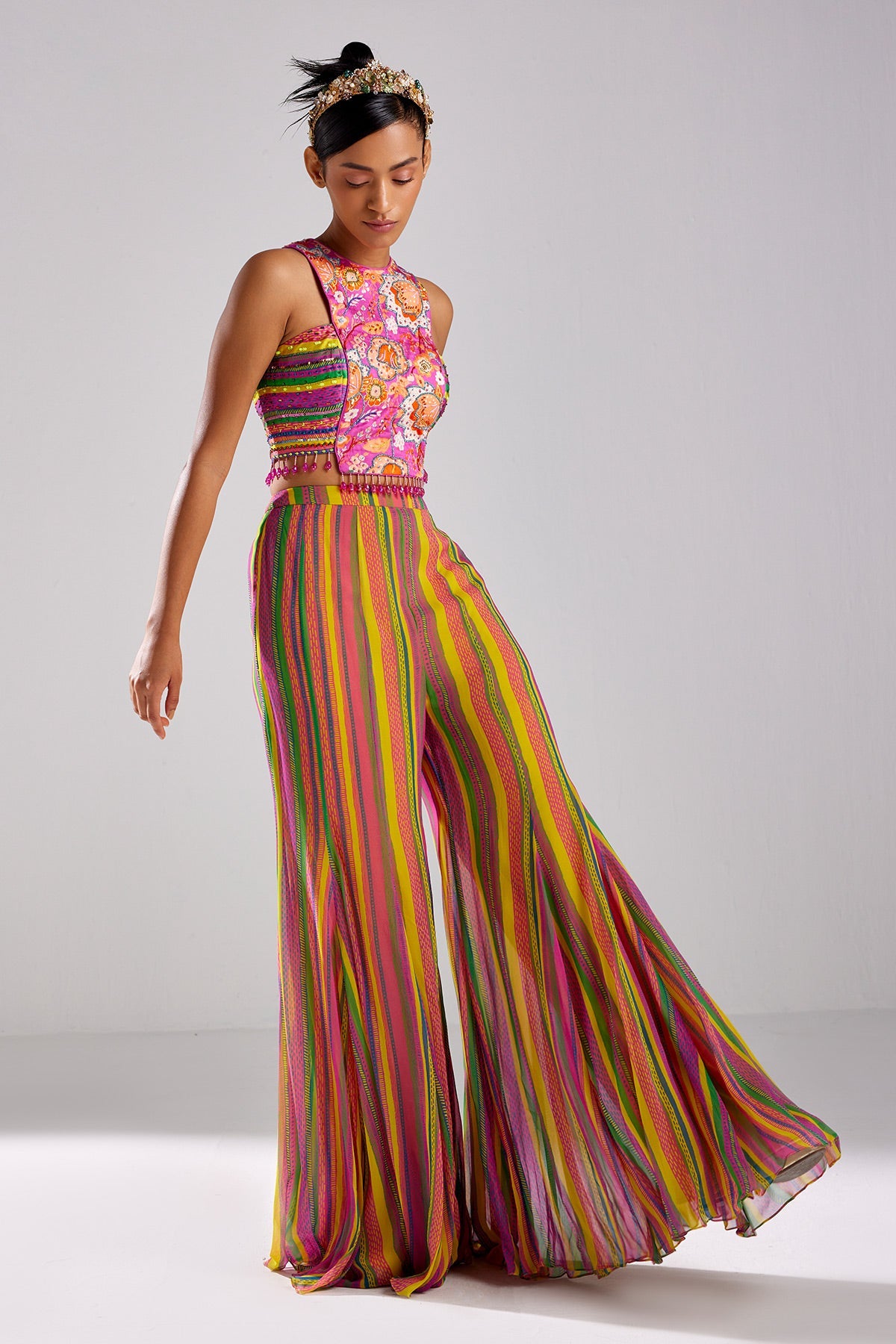 Fuschia Pink Print & Embroidered Crop Top Set