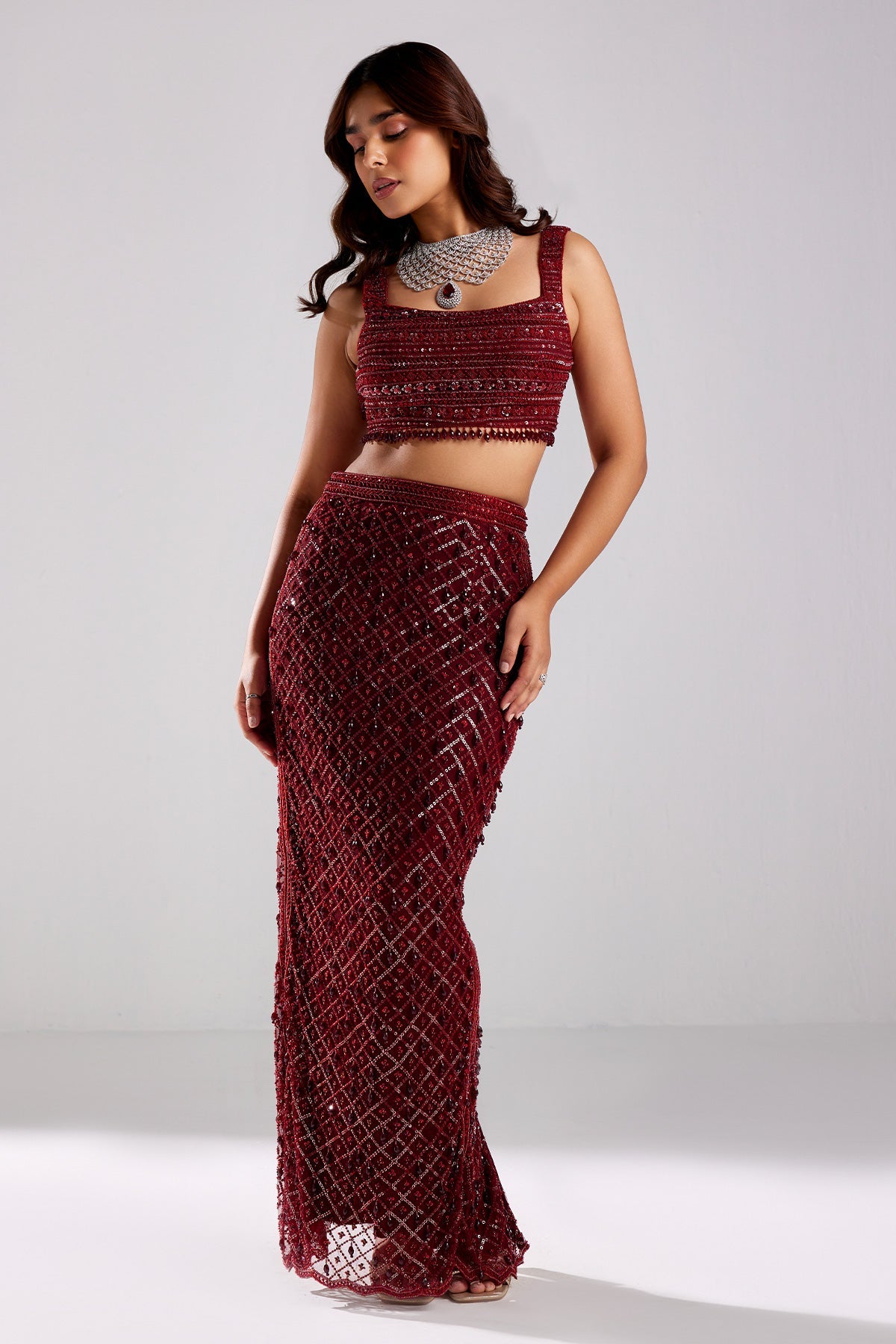 Marsala Red Embroidered Crop Top-Skirt Set