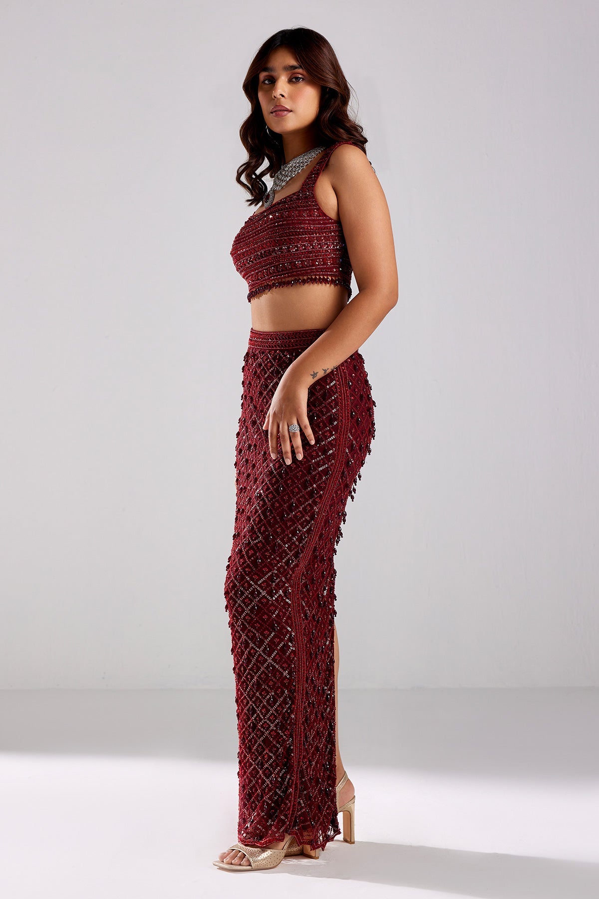 Marsala Red Embroidered Crop Top-Skirt Set