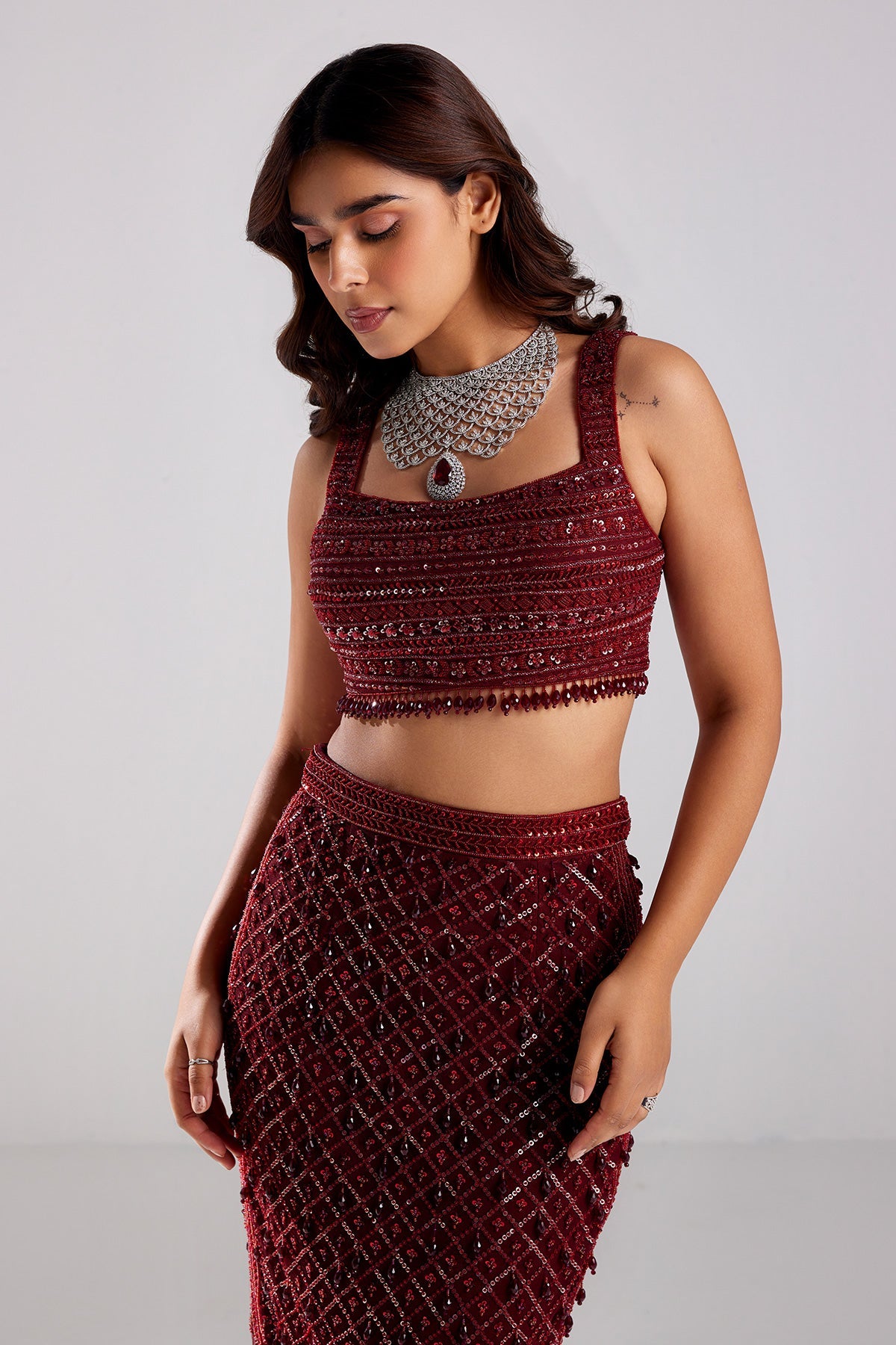 Marsala Red Embroidered Crop Top-Skirt Set