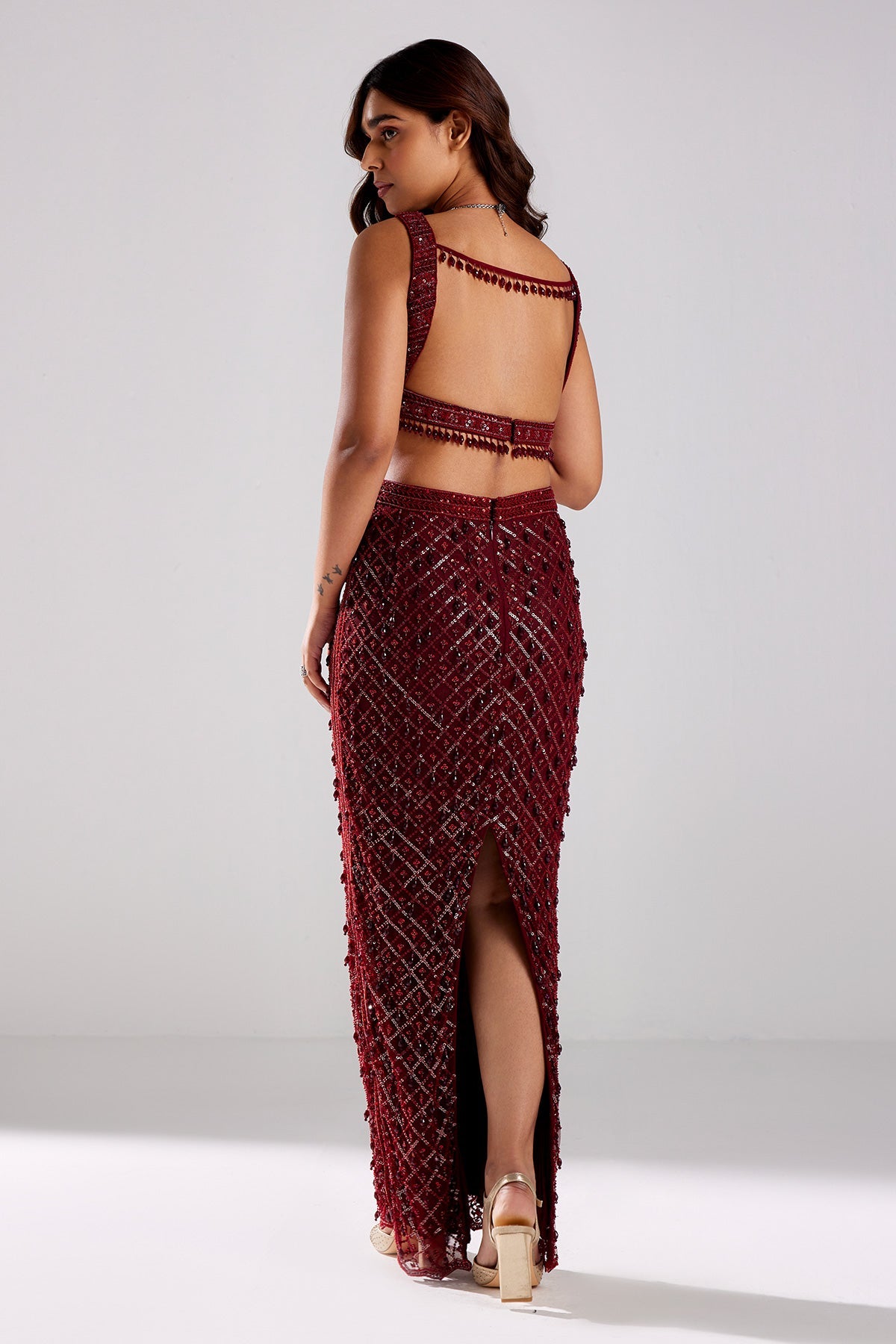 Marsala Red Embroidered Crop Top-Skirt Set