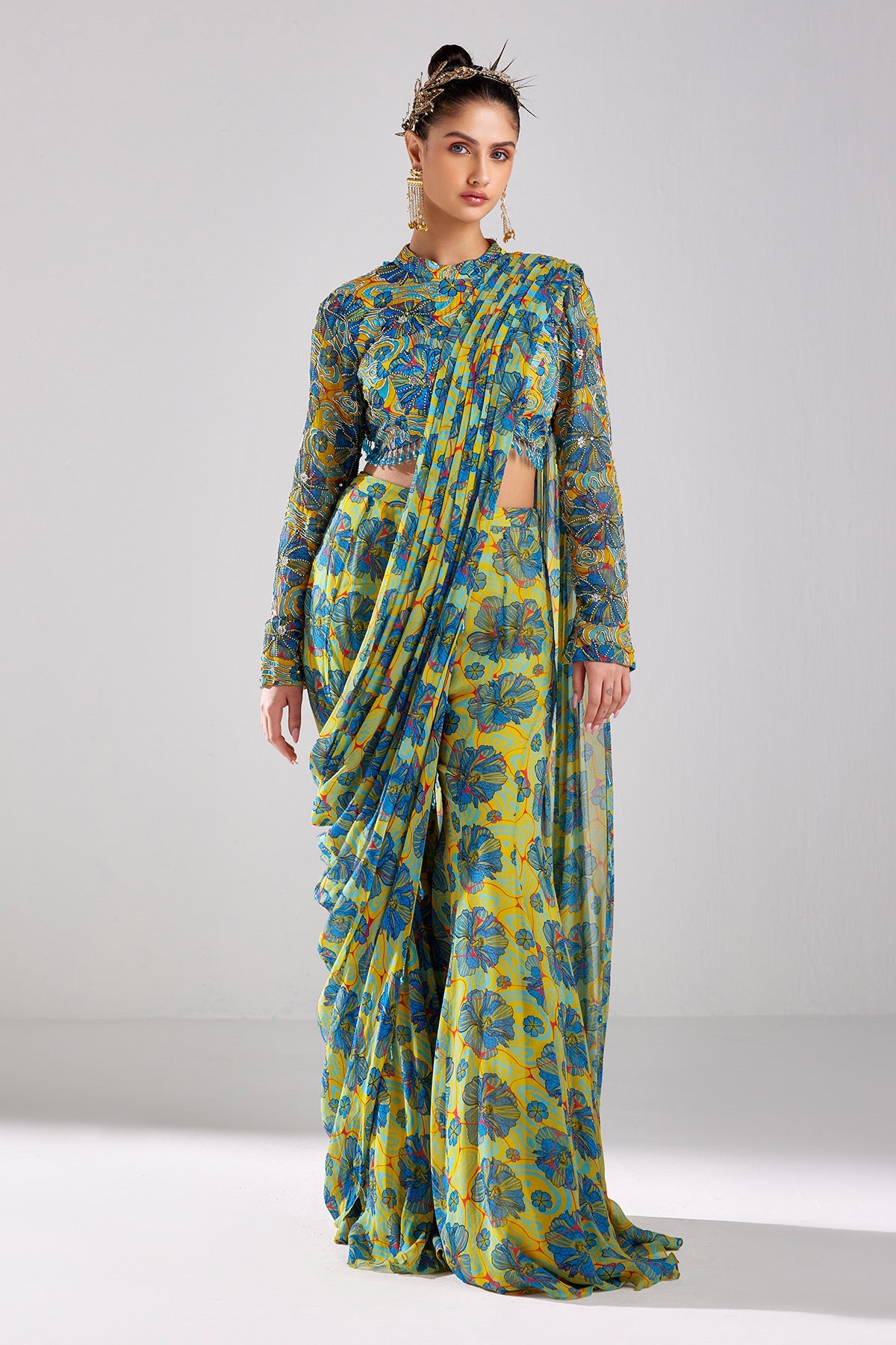 Blue Print & Embroidered Saree Set