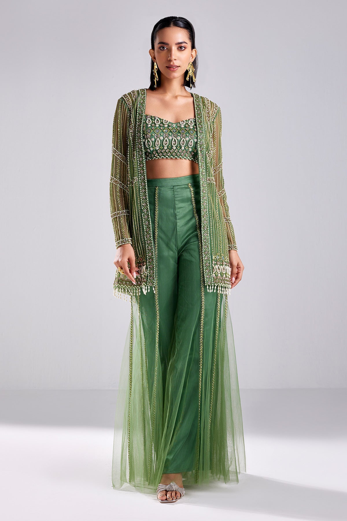 Sage Green Embroidered Jacket Set