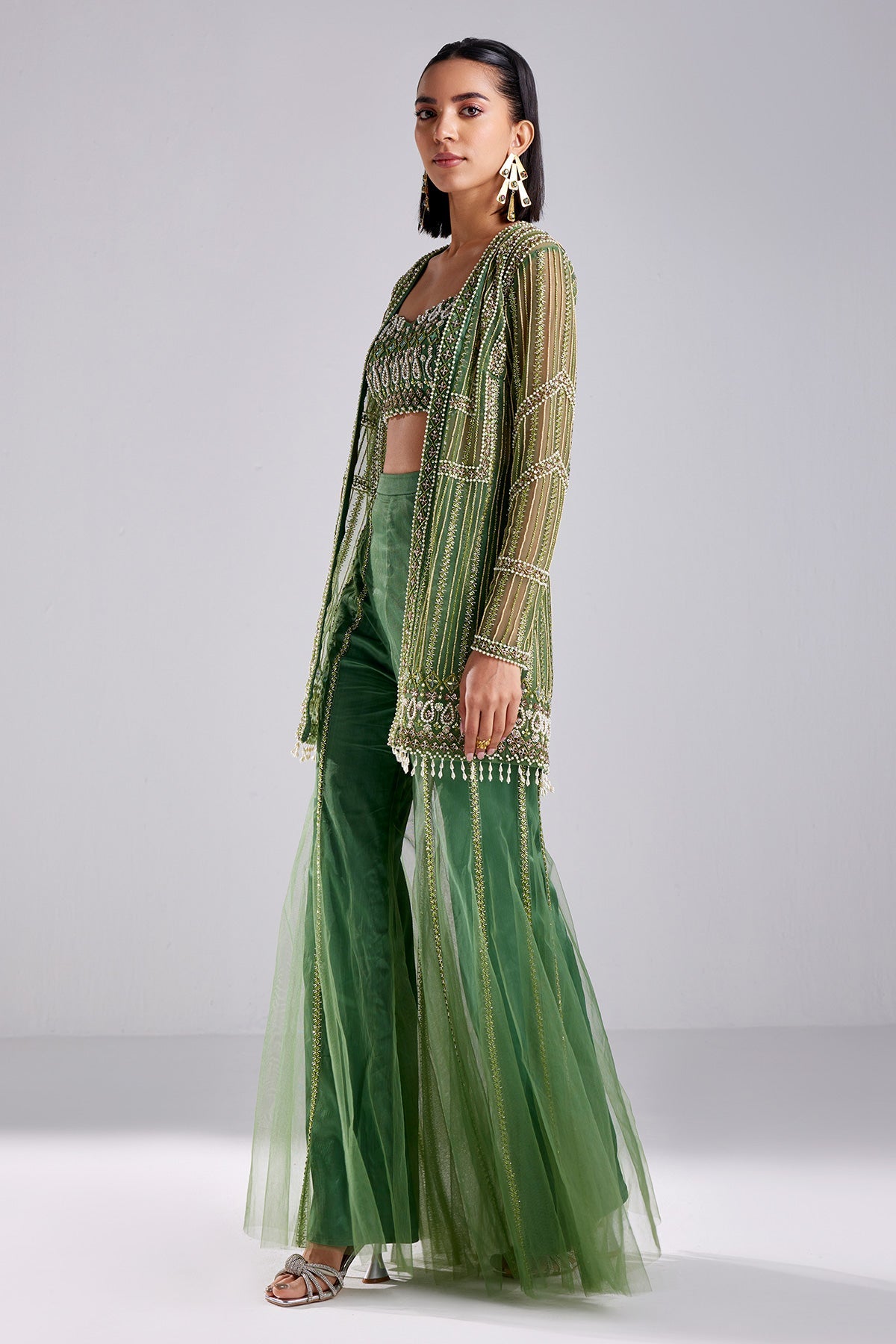 Sage Green Embroidered Jacket Set