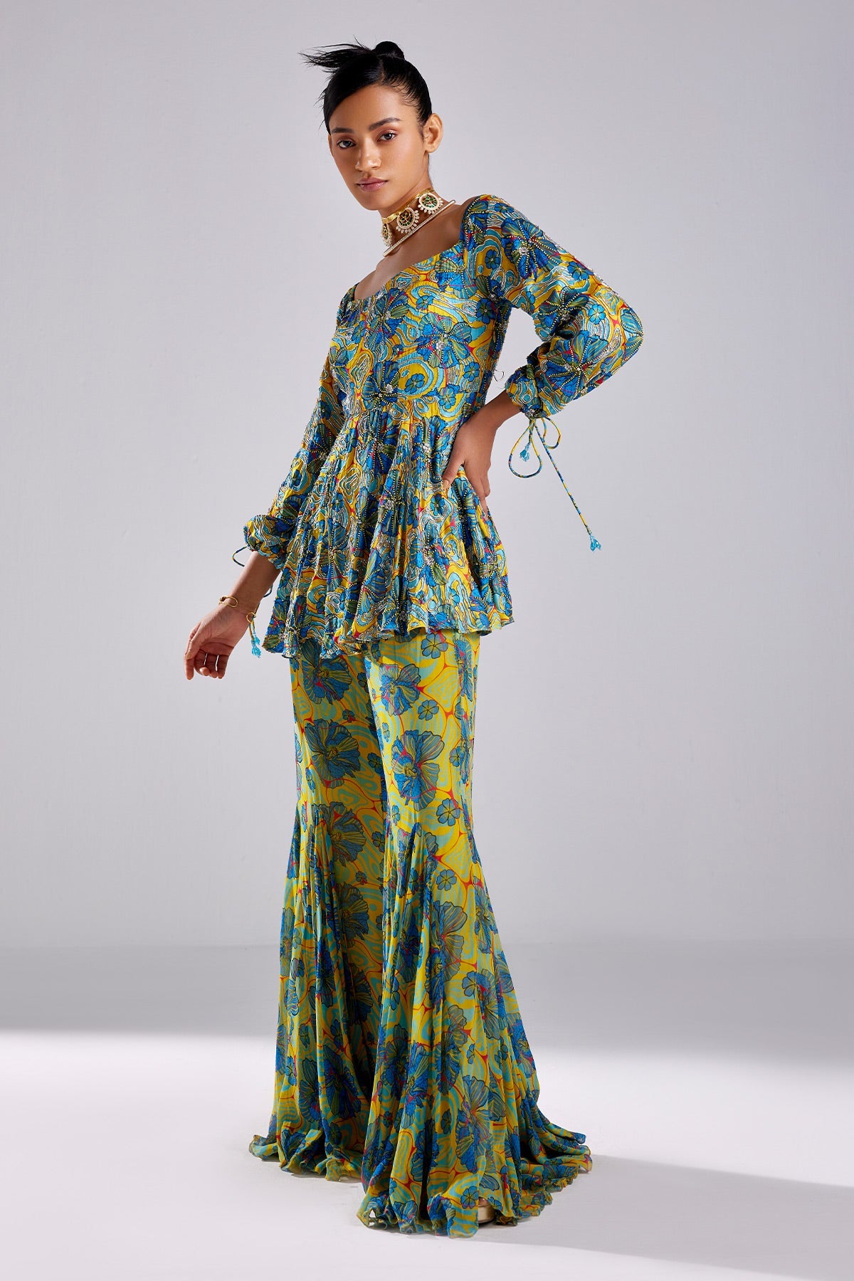 Blue Print & Embroidered Peplum Set