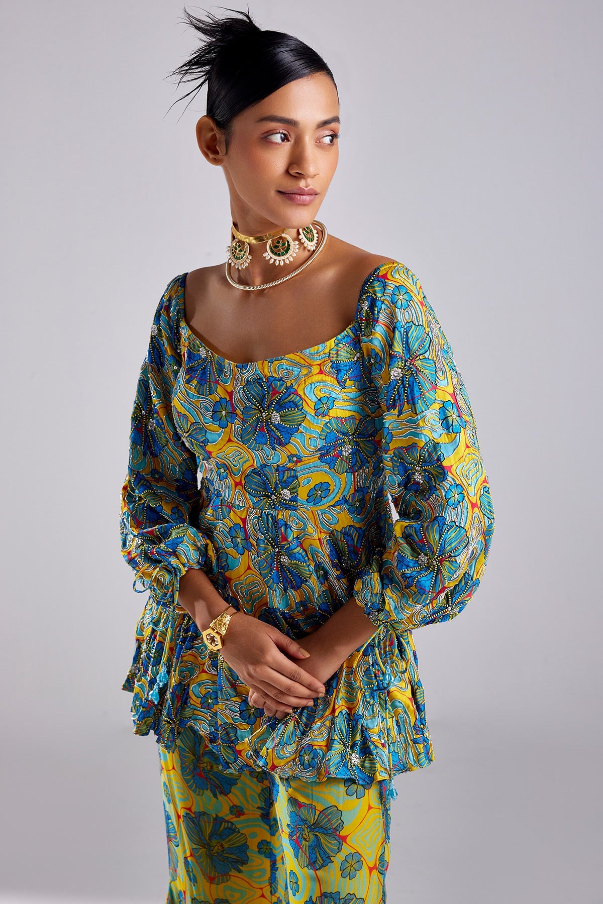 Blue Print & Embroidered Peplum Set