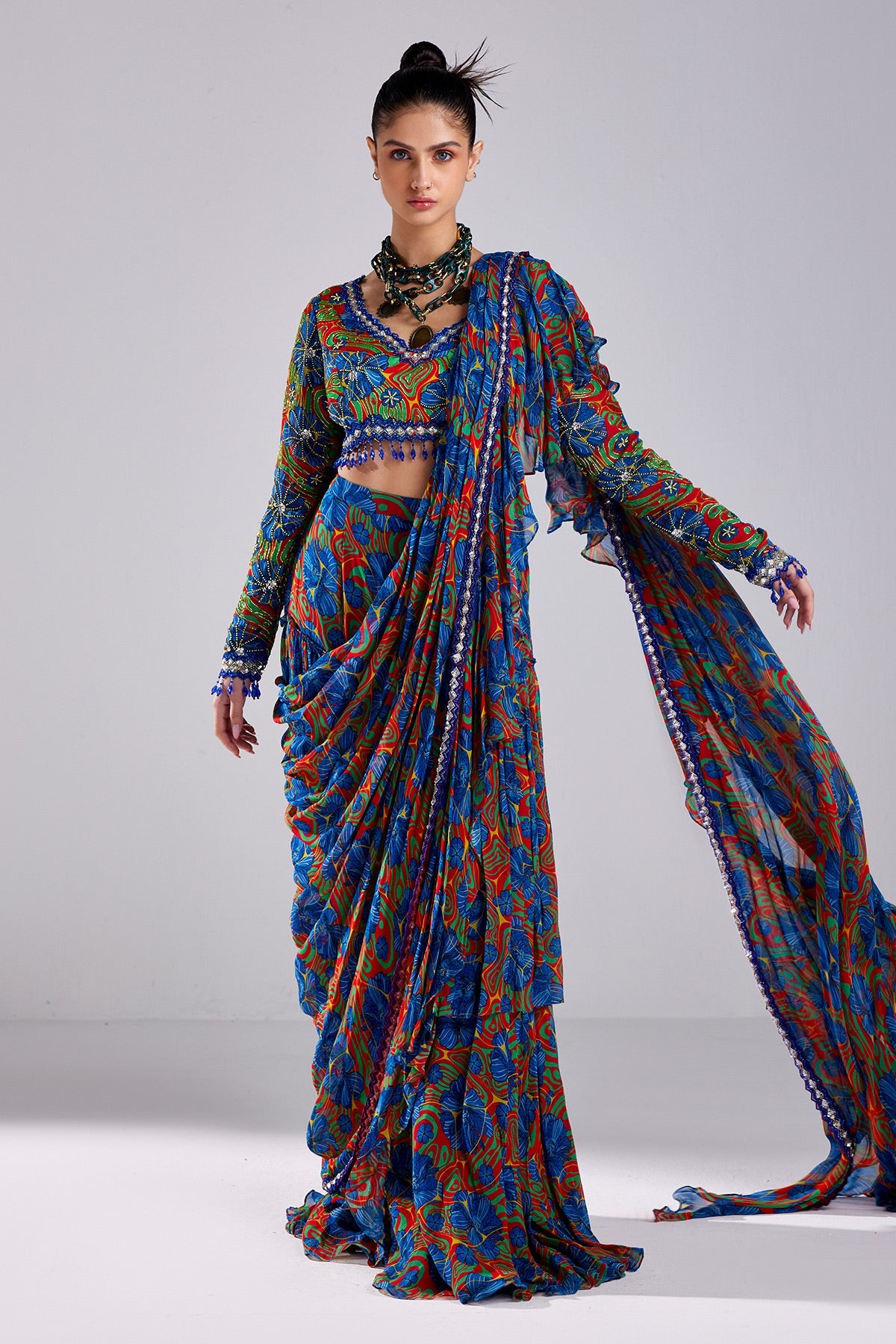 Red Print & Embroidered Saree Set