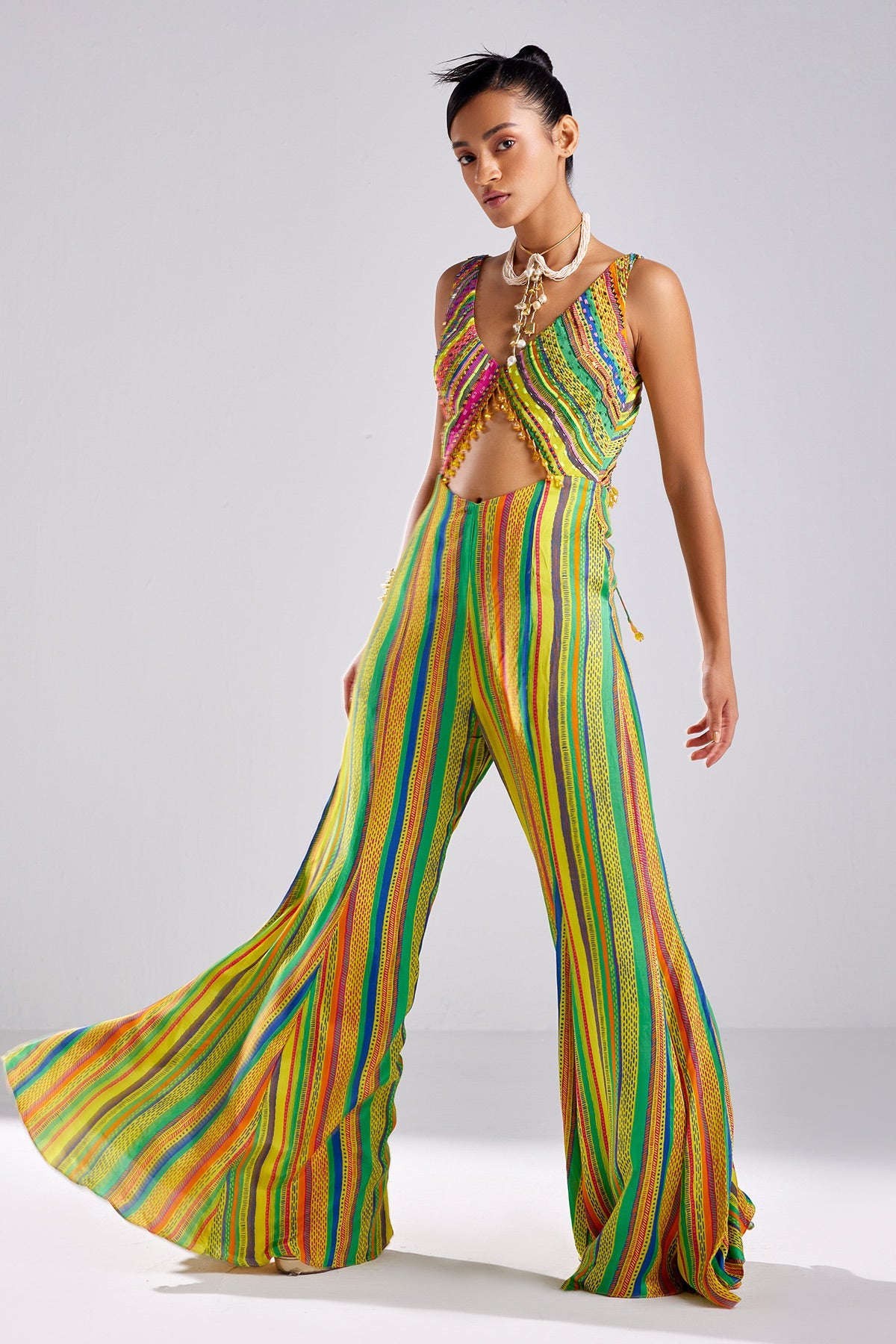 Yellow Print & Embroidered Jumpsuit