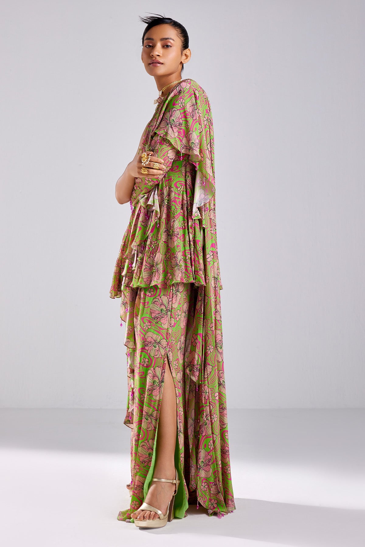 Neon Green Print & Embroidered Saree Set