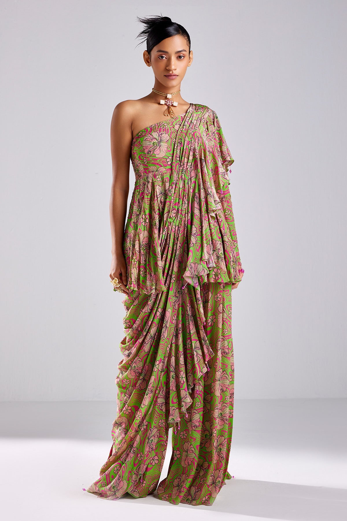 Neon Green Print & Embroidered Saree Set