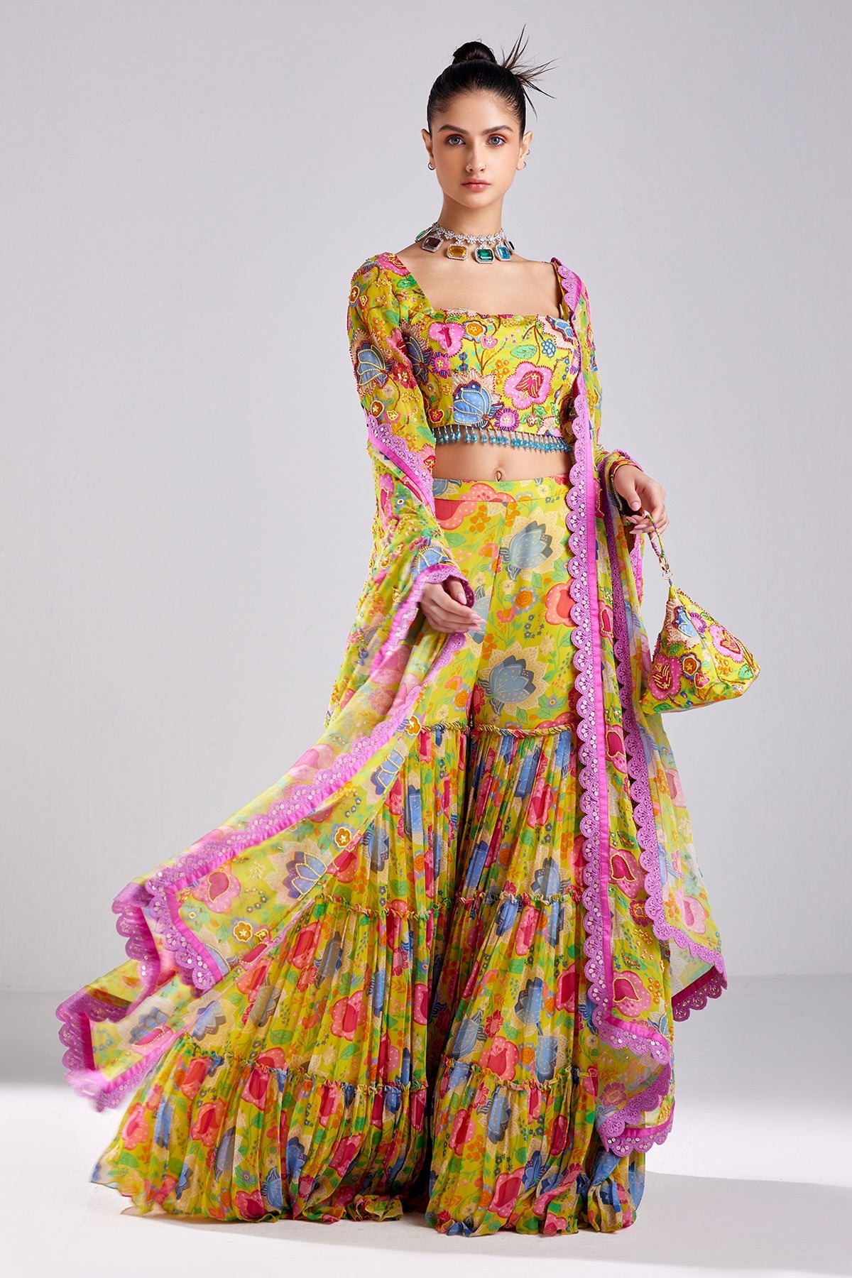 Yellow Floral Print & Embroidered Crop Top Pants Set