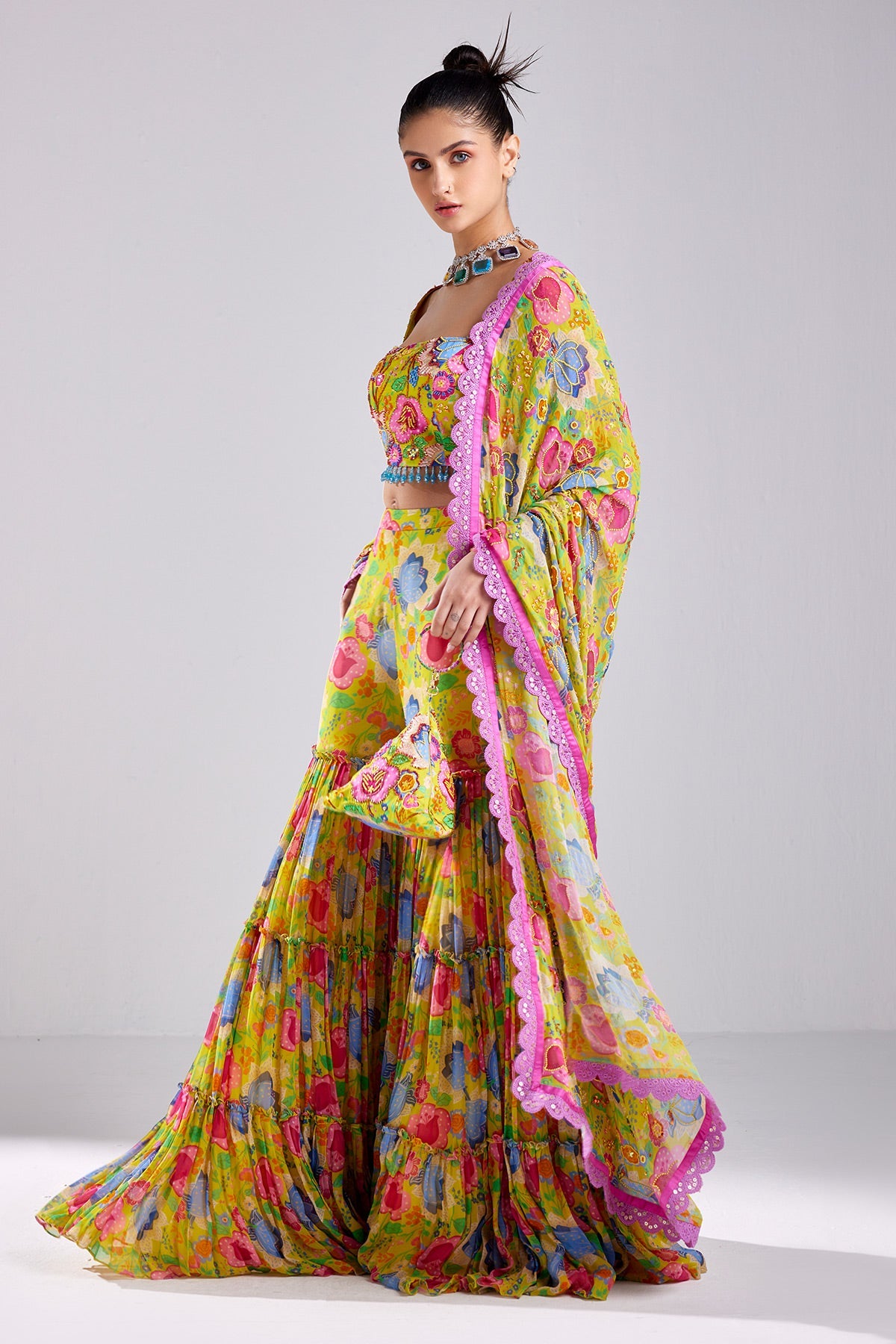 Yellow Floral Print & Embroidered Crop Top Pants Set