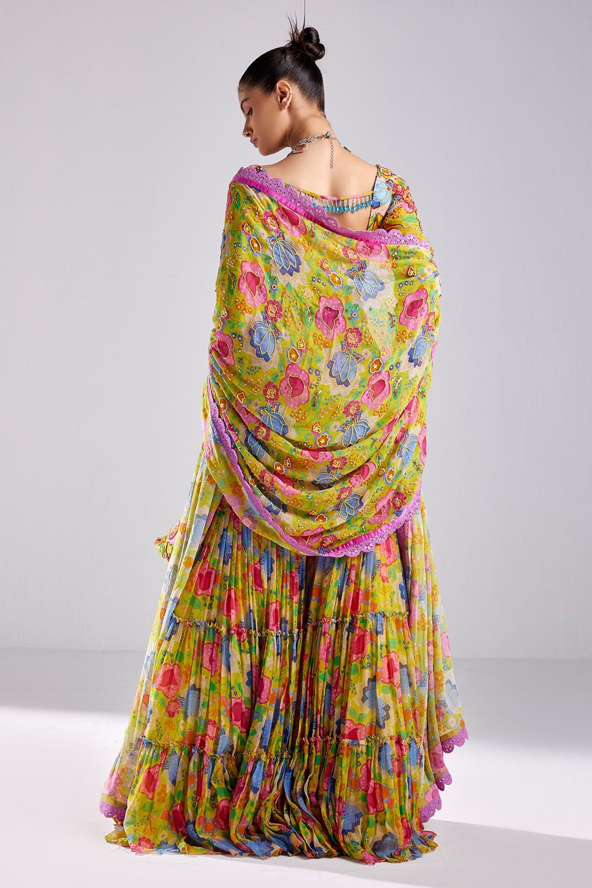 Yellow Floral Print & Embroidered Crop Top Pants Set