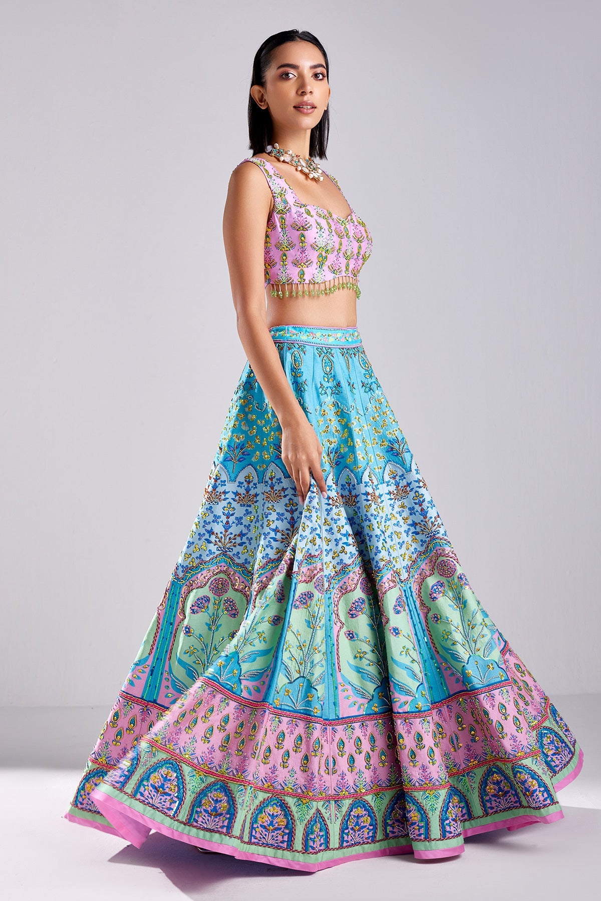 Lavender Floral Print & Embroidered Aqua Lehenga Set