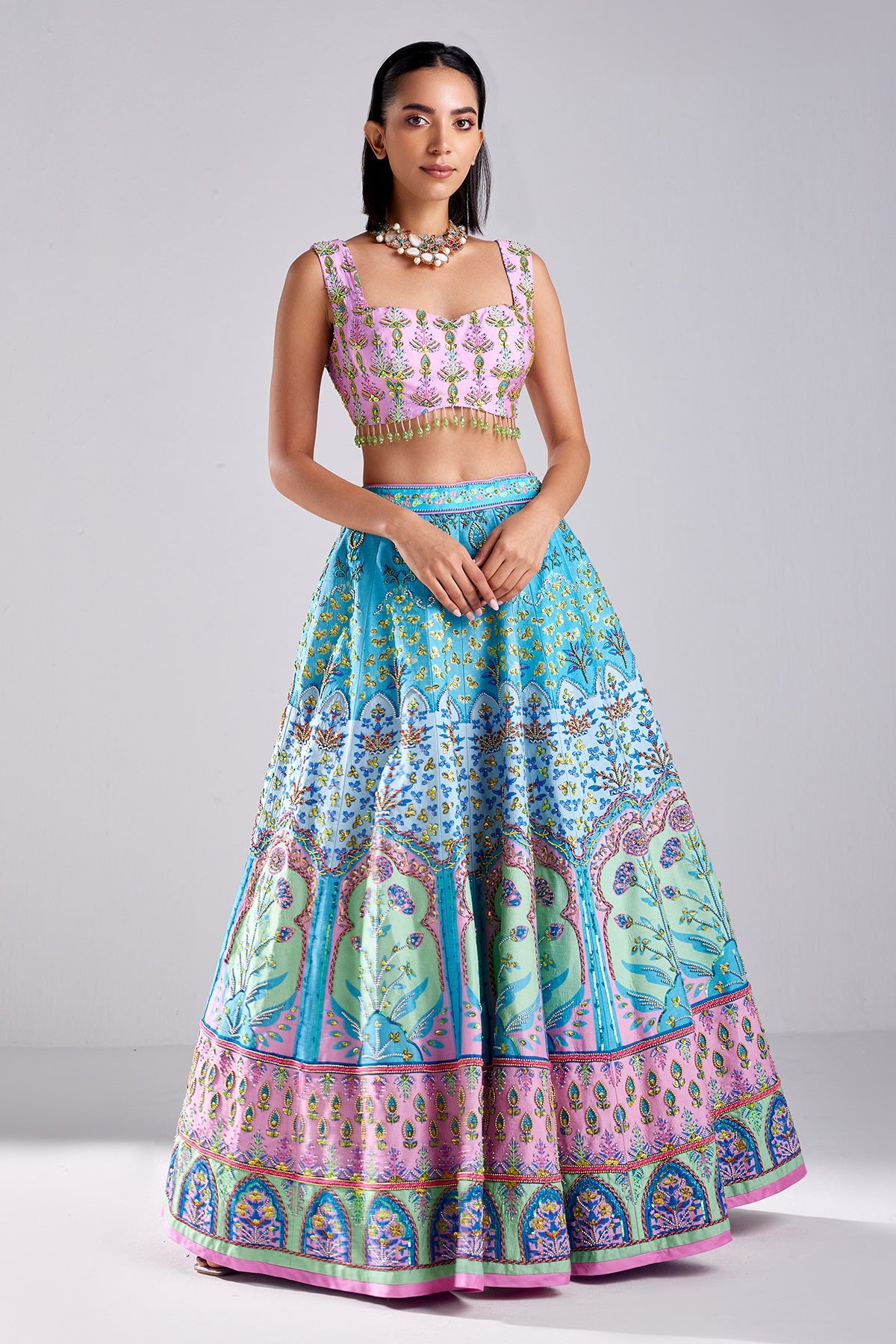 Lavender Floral Print & Embroidered Aqua Lehenga Set
