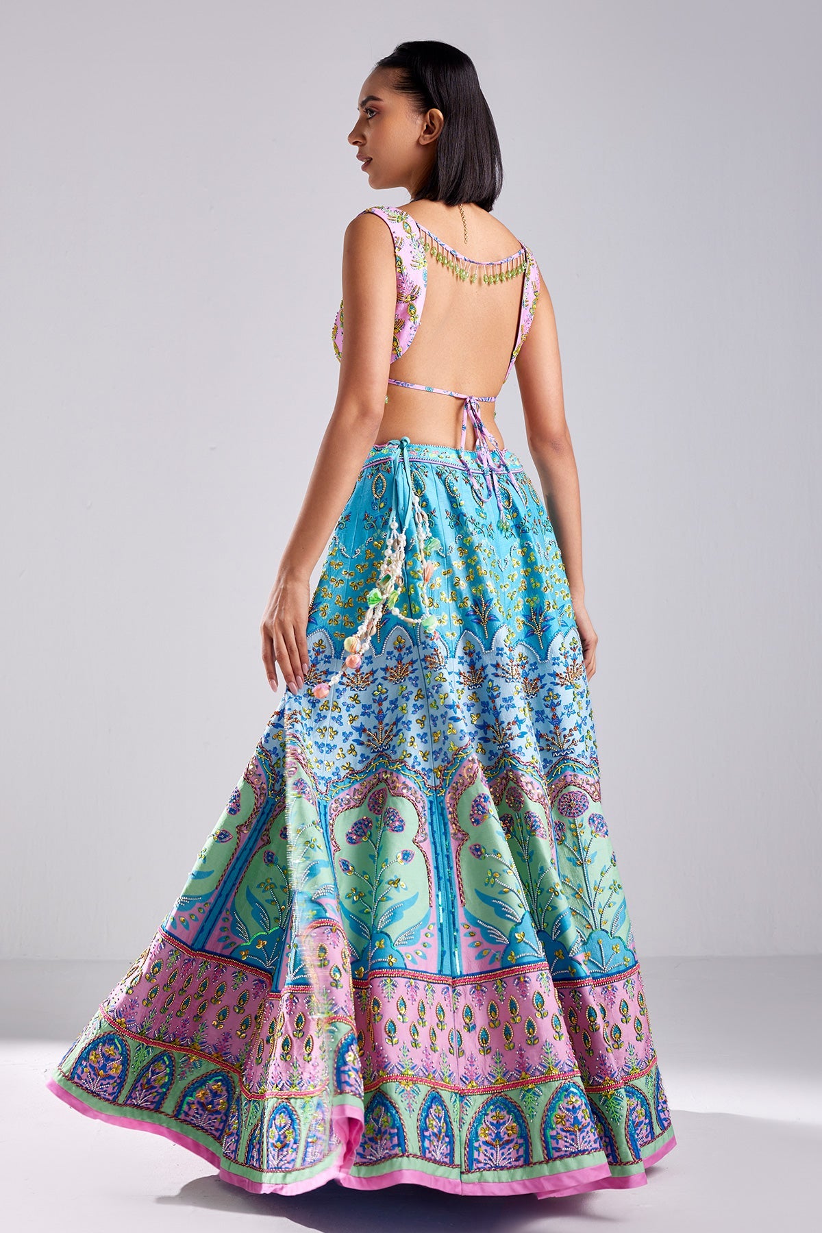 Lavender Floral Print & Embroidered Aqua Lehenga Set
