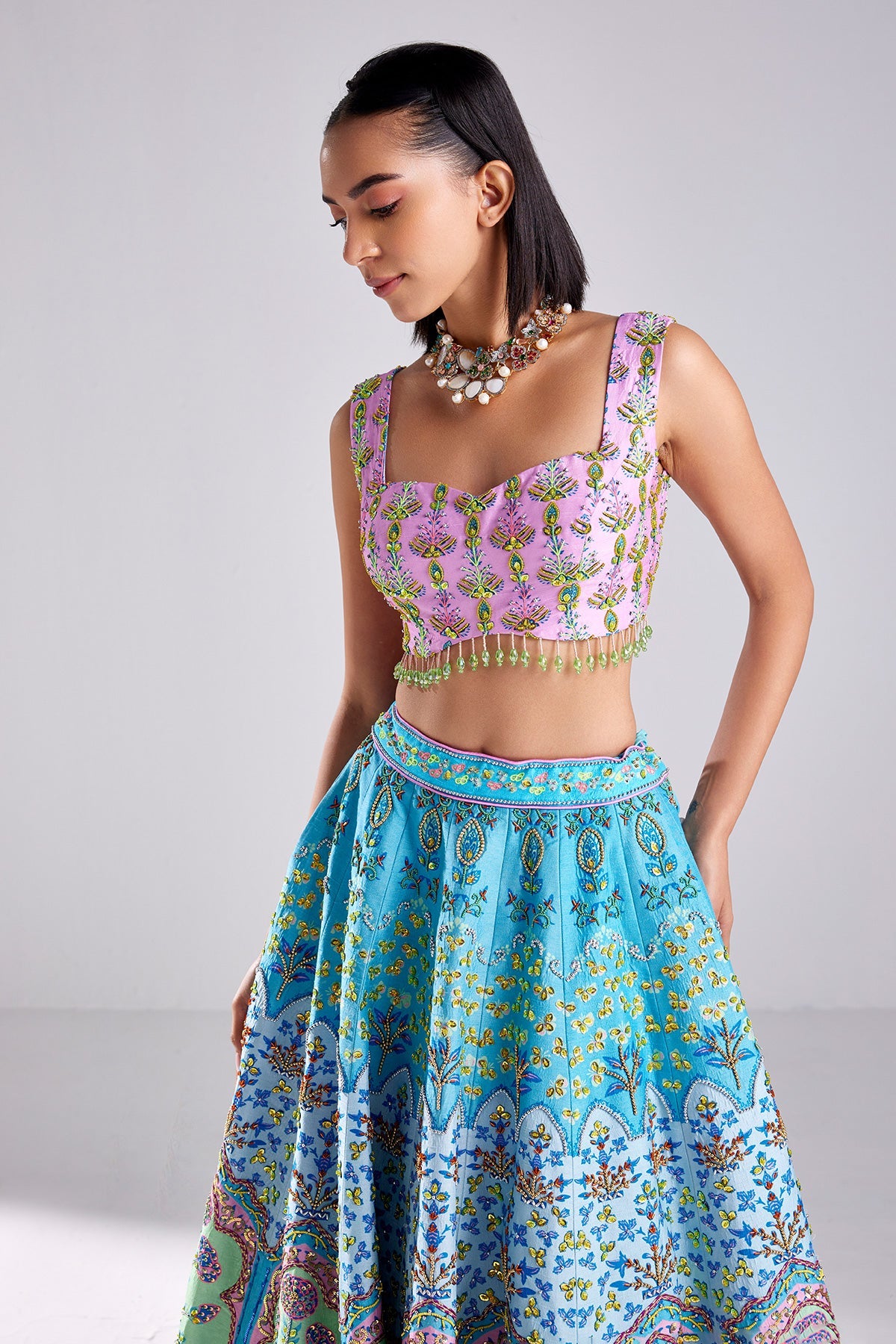 Lavender Floral Print & Embroidered Aqua Lehenga Set