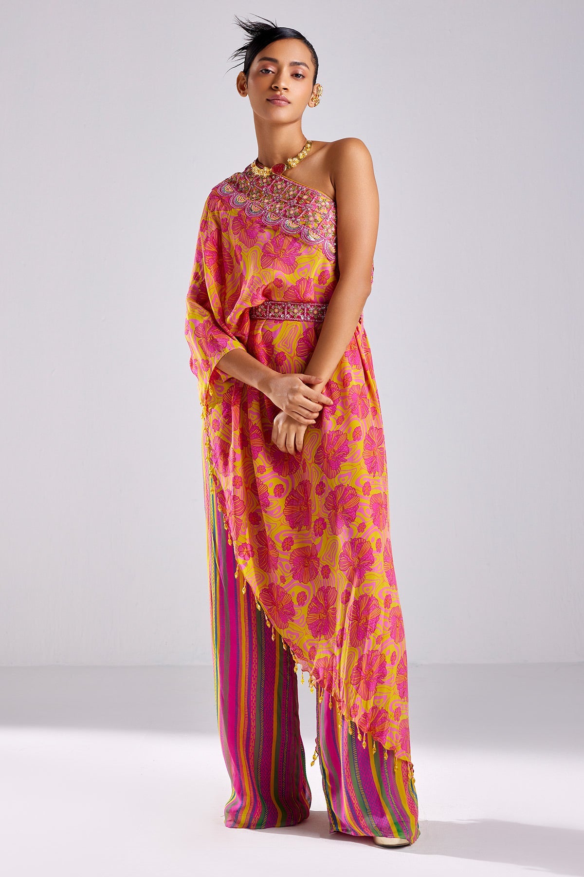 Pink Print & Embroidered Kaftan Set