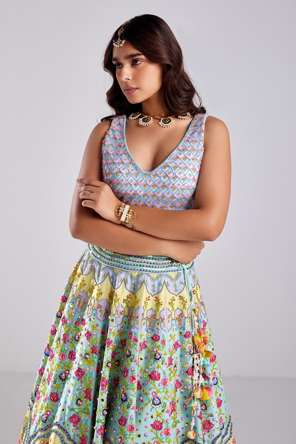Tiffany Blue Print & Embroidered Lehenga Set