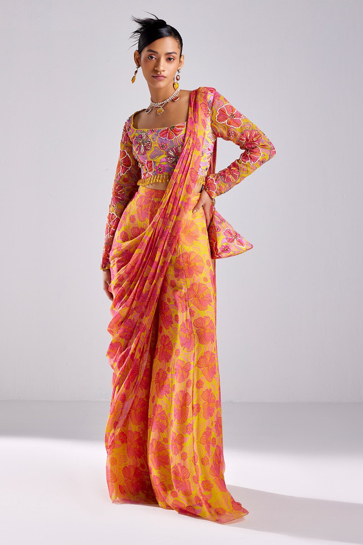 Pink Print & Embroidered Saree Set