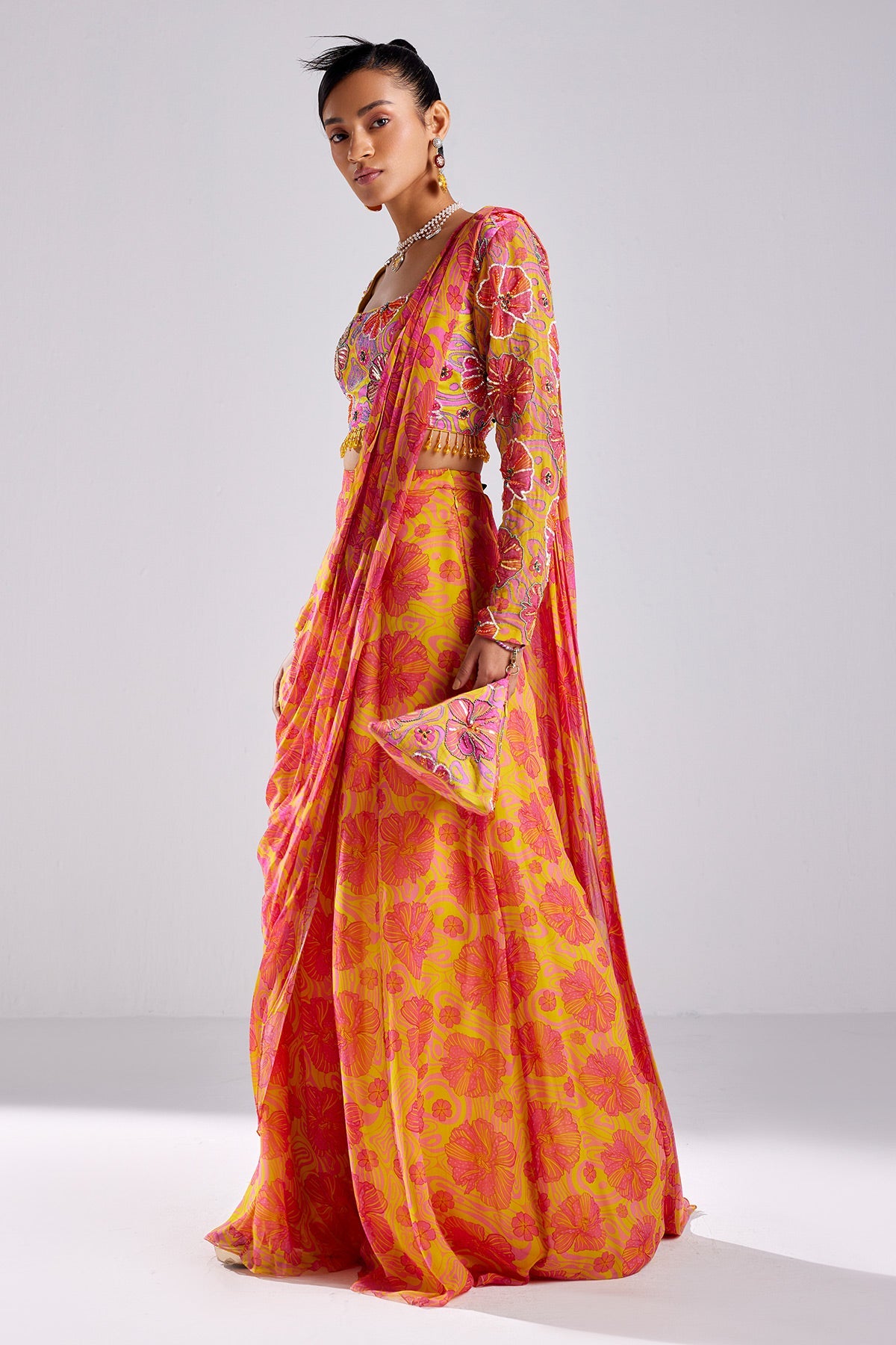 Pink Print & Embroidered Saree Set