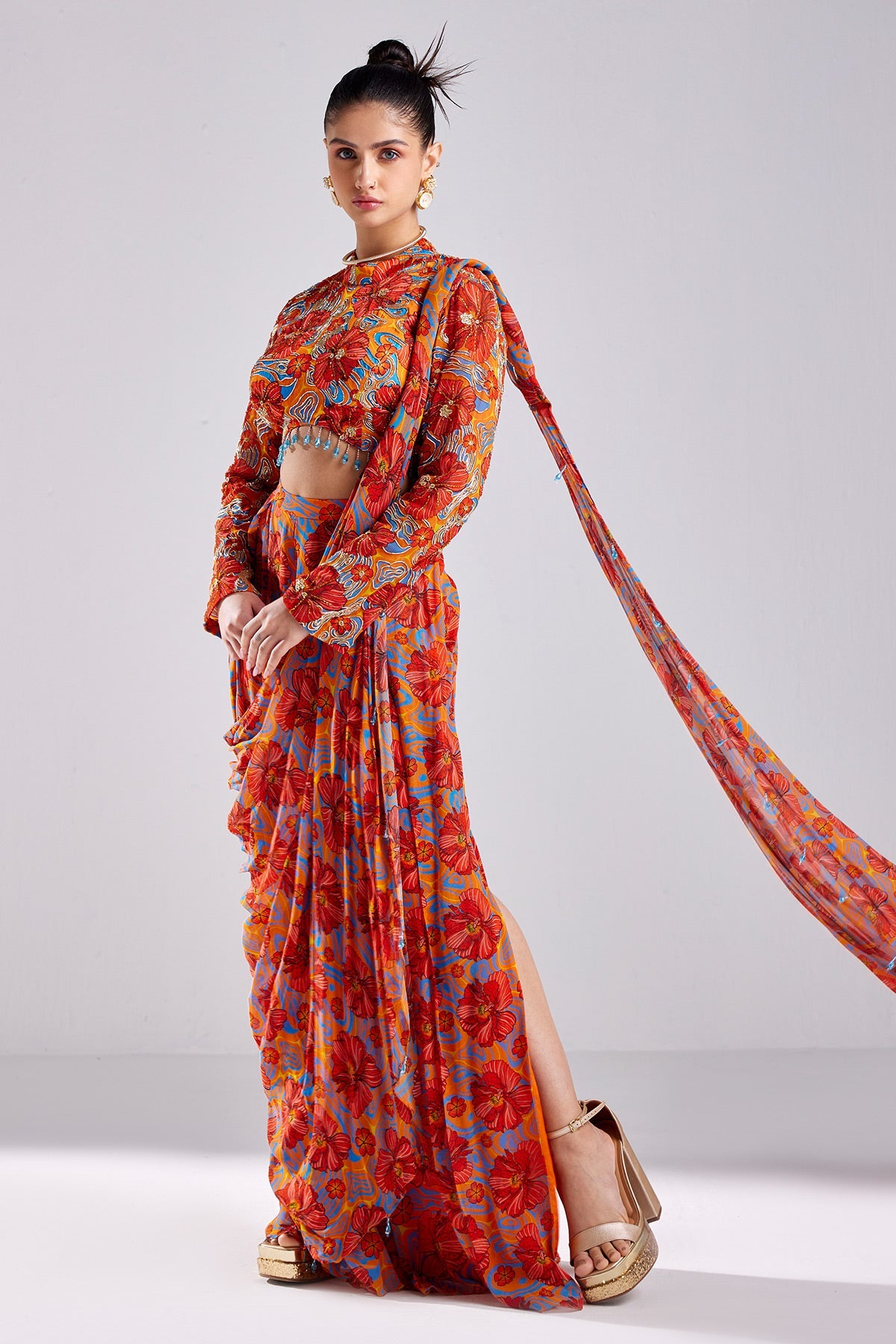 Rust Print & Embroidered Saree Set