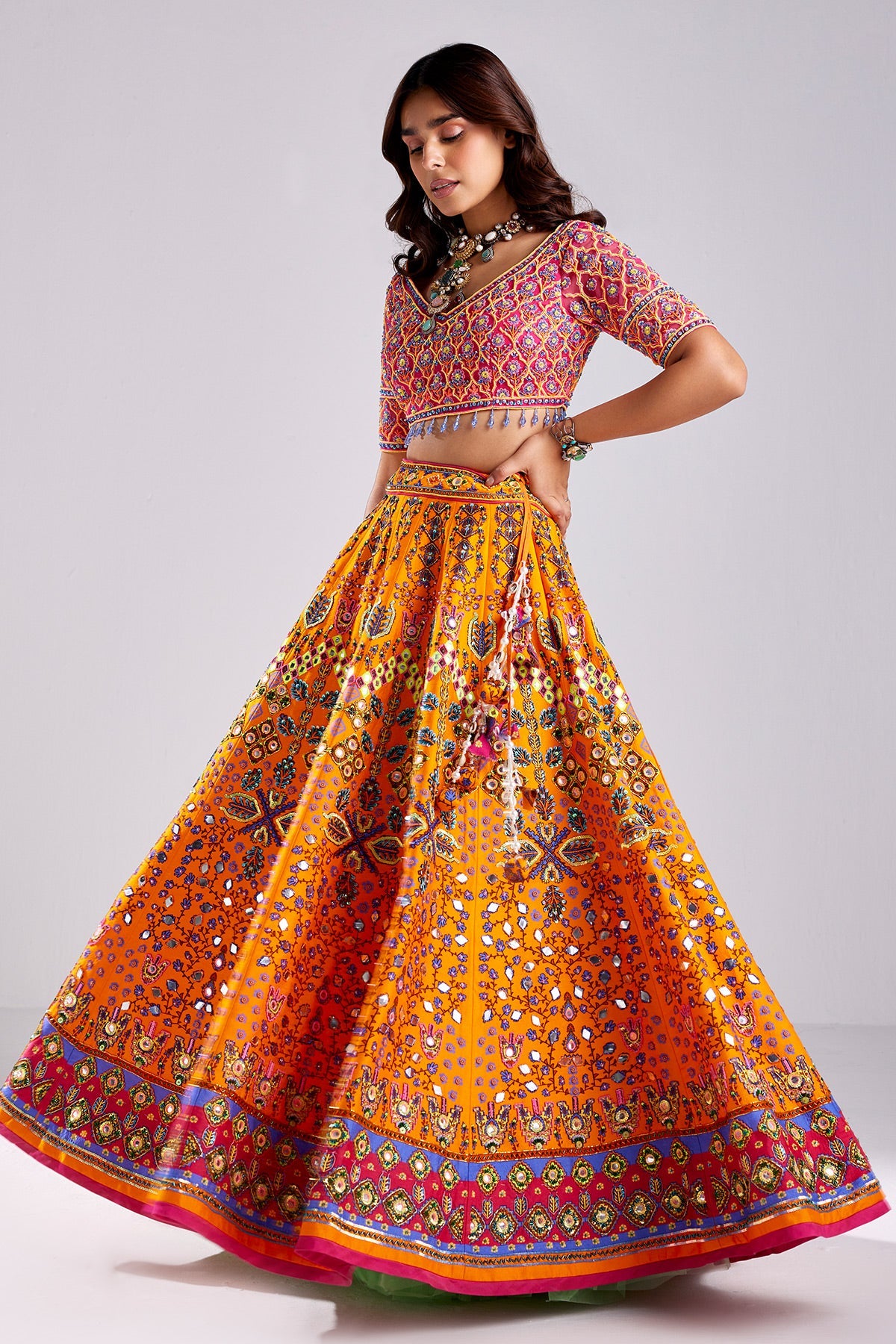 Tangerine Traditional Print & Embroidered Lehenga Set