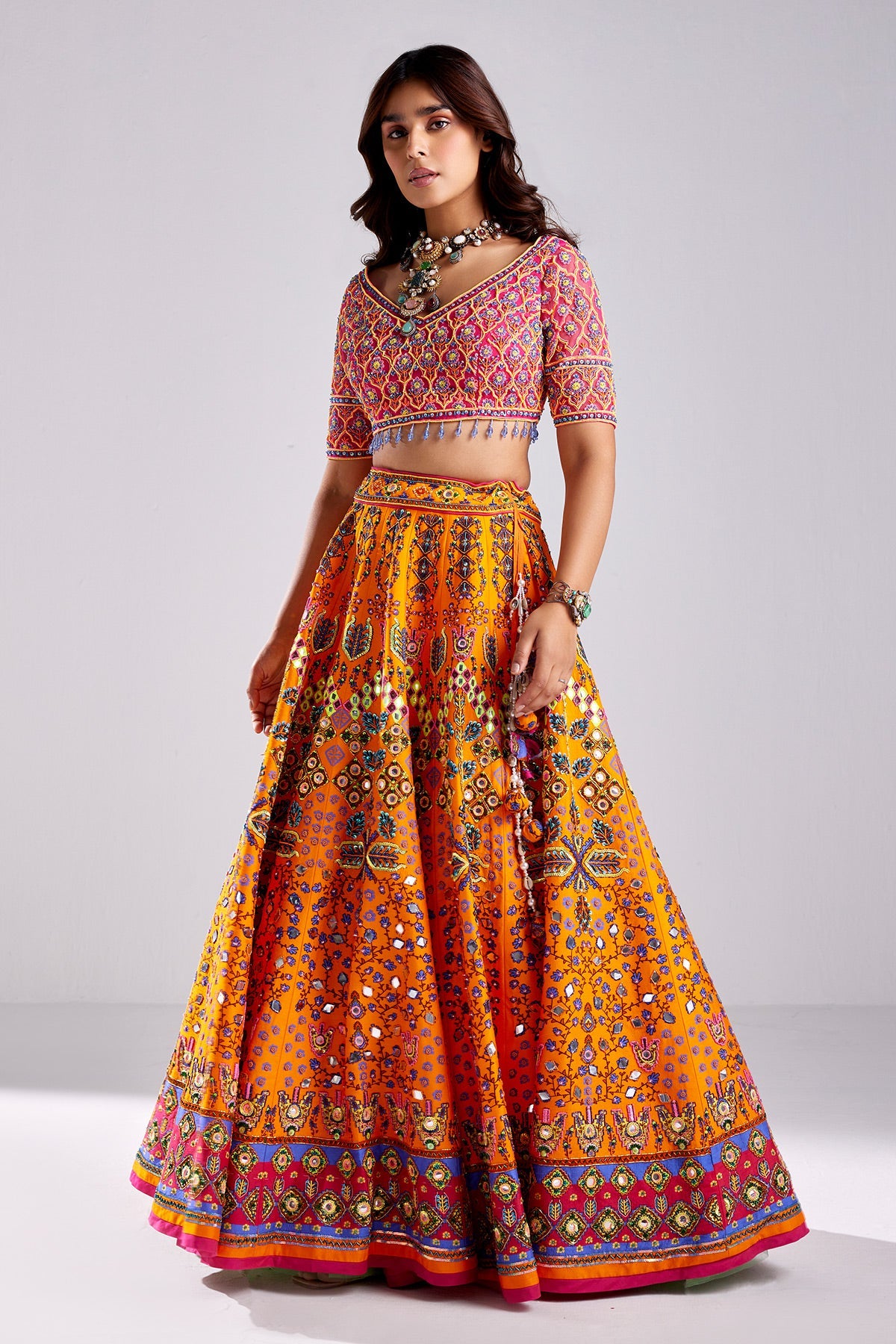 Tangerine Traditional Print & Embroidered Lehenga Set