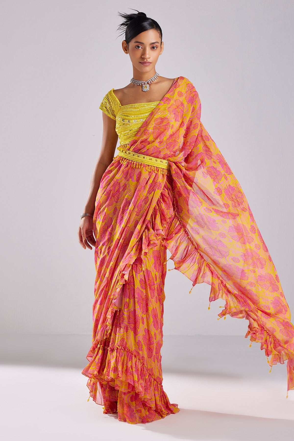 Pink Print & Embroidered Saree Set